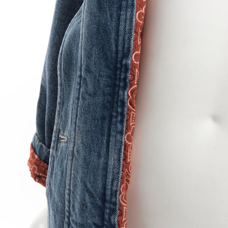 vintage MOSCHINO JEANS 1988 blue denim red paisley lined padded coat IT42 For Sale 5