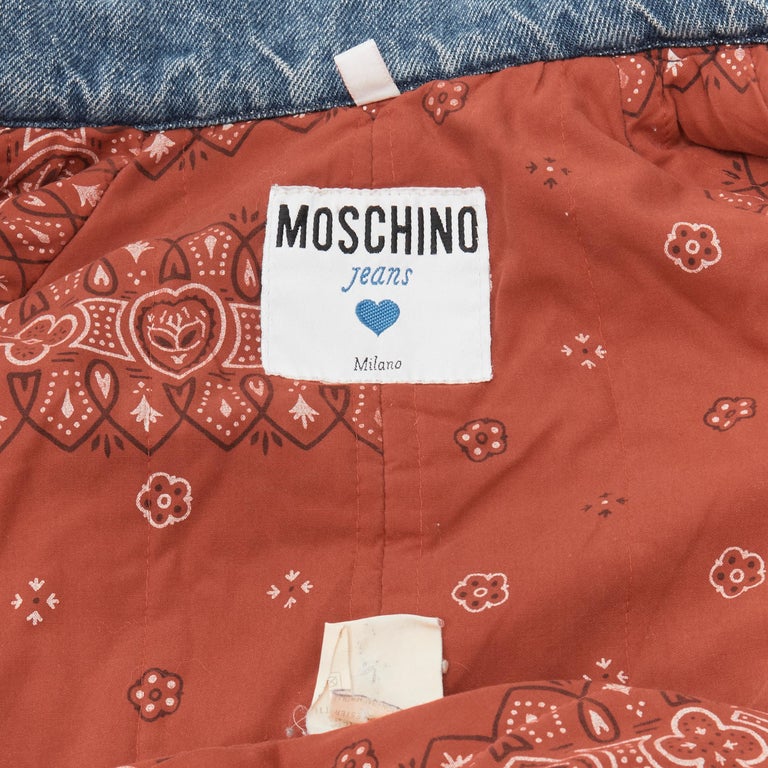 vintage MOSCHINO JEANS 1988 blue denim red paisley lined padded coat IT42 For Sale 7