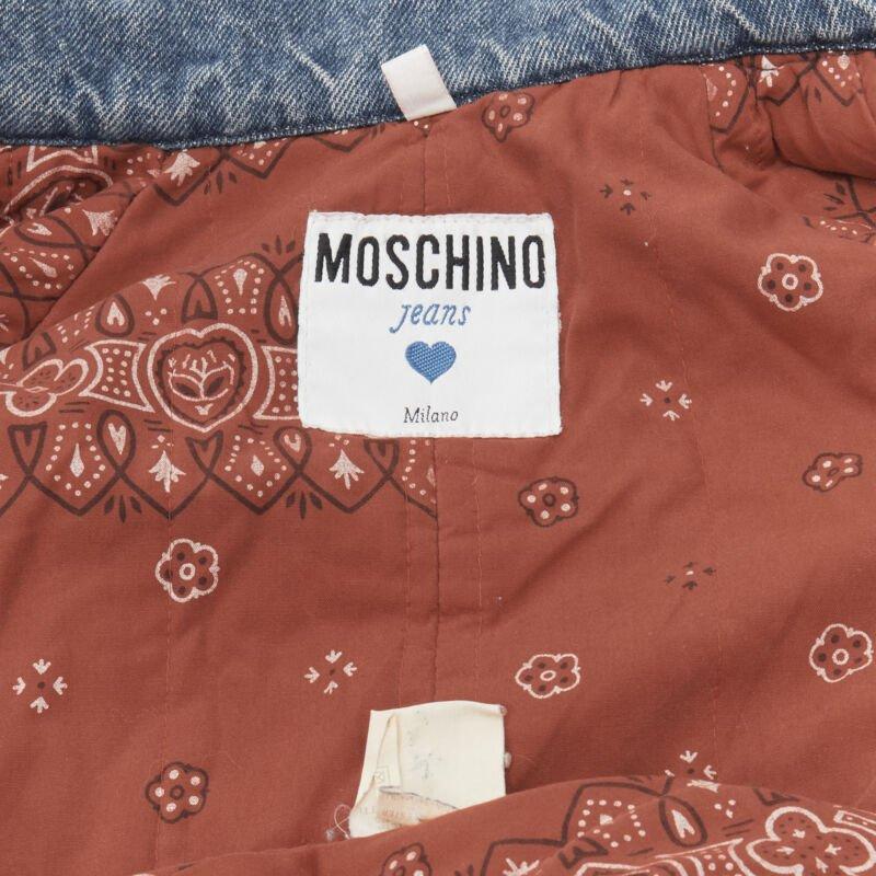 vintage MOSCHINO JEANS 1988 azul vaquero rojo paisley forrado abrigo acolchado IT42 en venta 7