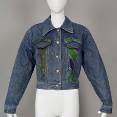 Vintage MOSCHINO JEANS Necktie Applique Novelty Cropped Denim Jacket