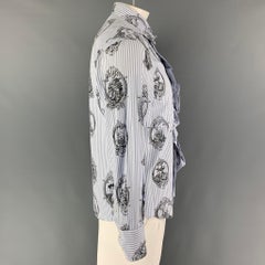 Vintage MOSCHINO JEANS Size L Blue Black White Cotton Ruffle Long Sleeve Shirt