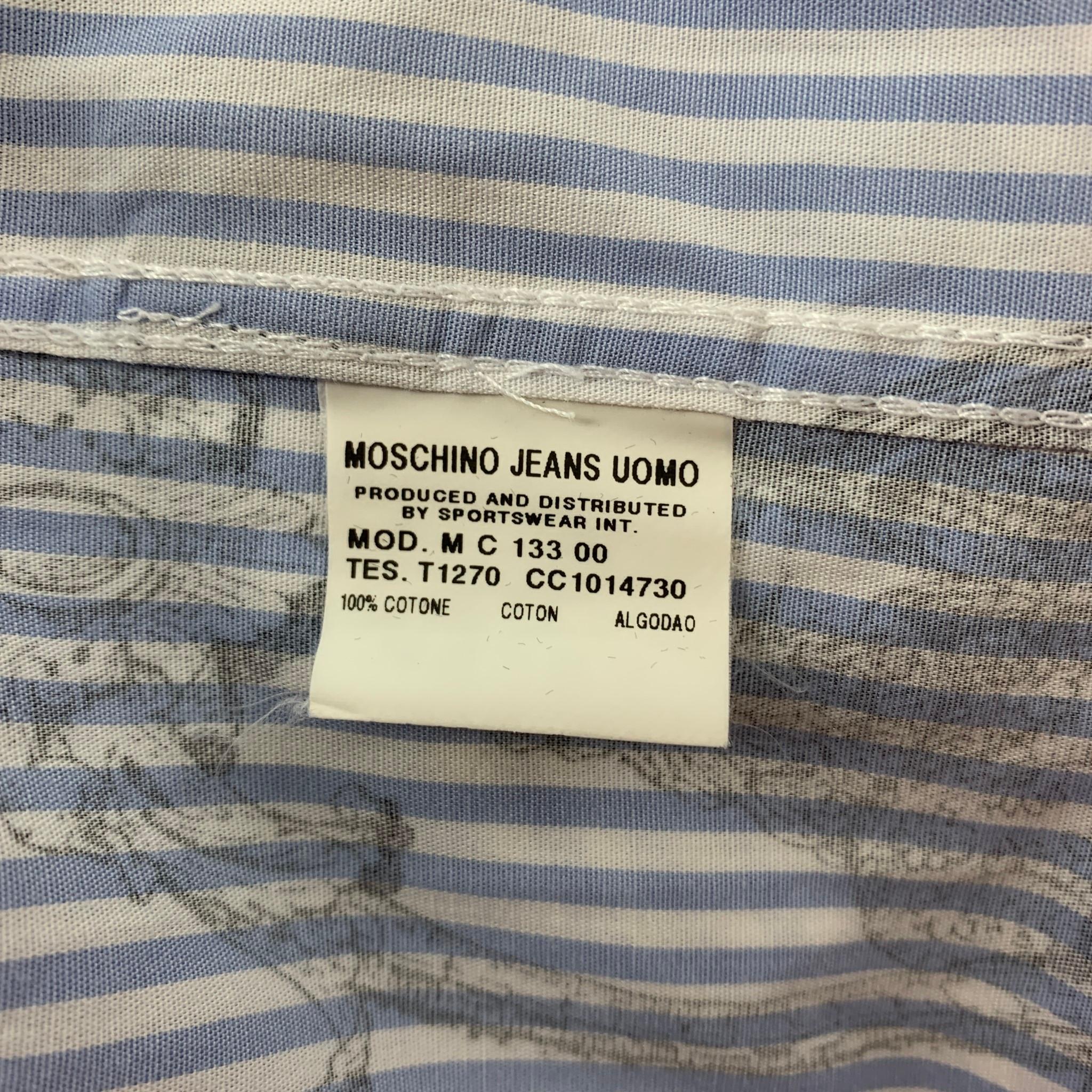 Vintage MOSCHINO JEANS Size L Blue Black White Cotton Ruffle Long Sleeve Shirt In Good Condition In San Francisco, CA