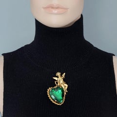 Vintage MOSCHINO Jewelled Heart Cherub Novelty Brooch