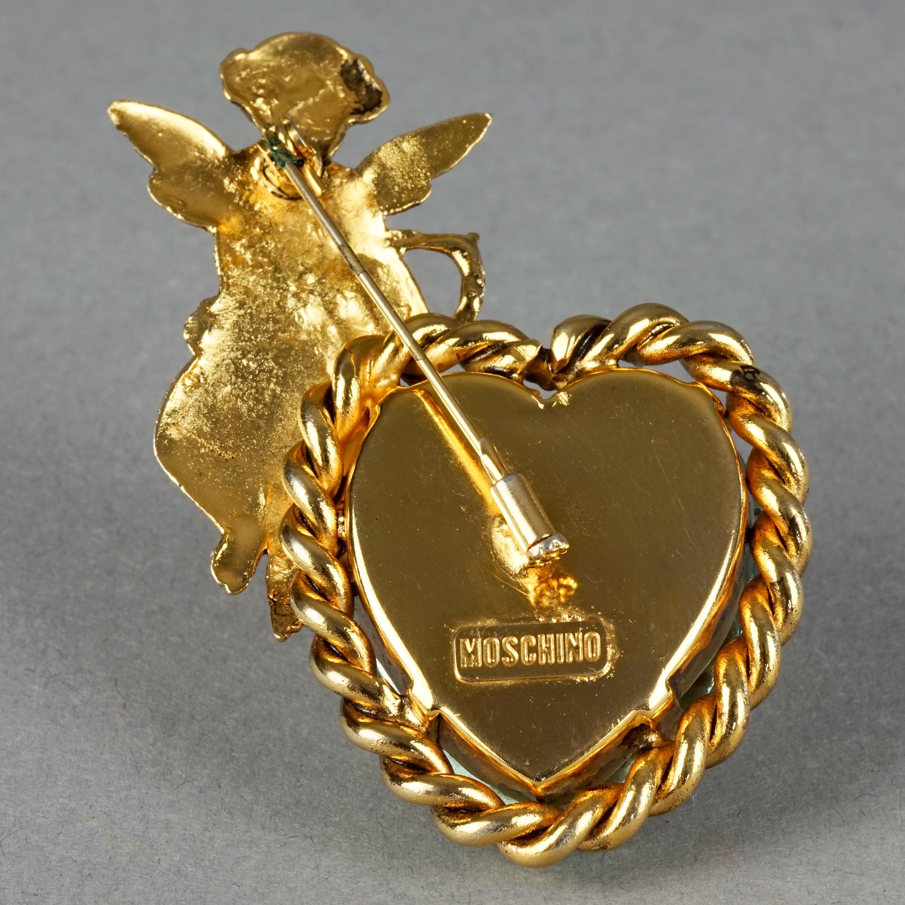 Vintage MOSCHINO Jewelled Heart Cherub Novelty Brooch For Sale 2