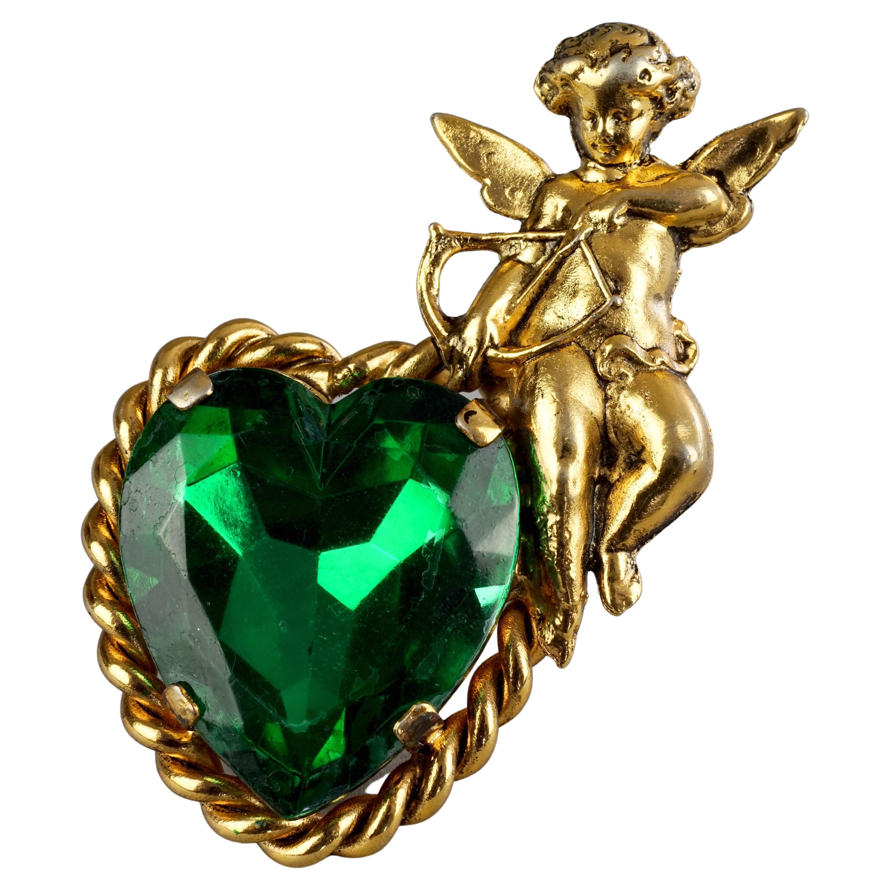 Vintage MOSCHINO Jewelled Heart Cherub Novelty Brooch For Sale at 1stDibs
