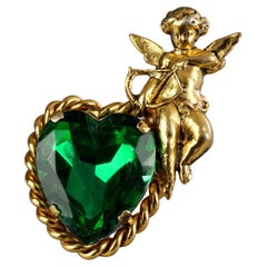 Vintage MOSCHINO Jewelled Heart Cherub Novelty Brooch