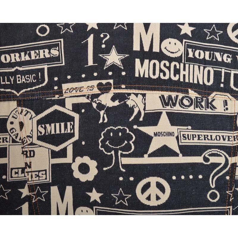 Early 1990's Vintage MOSCHINO Logo patterned jacket, made from navy blue & off-white woven artisan tapestry fabric. 

MADE IN ITALY !

Features:
Classic x4 front pocket design
Quilted lined interior
Long sleeves
Iconinc Peace symbol embossed
