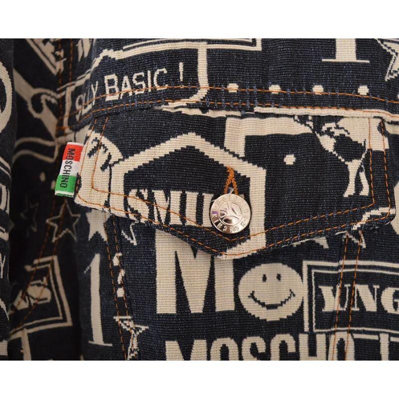 Women's or Men's Vintage Moschino Junior Label 1990's Tapestry Stitch Artisan Logo Denim Jacket For Sale