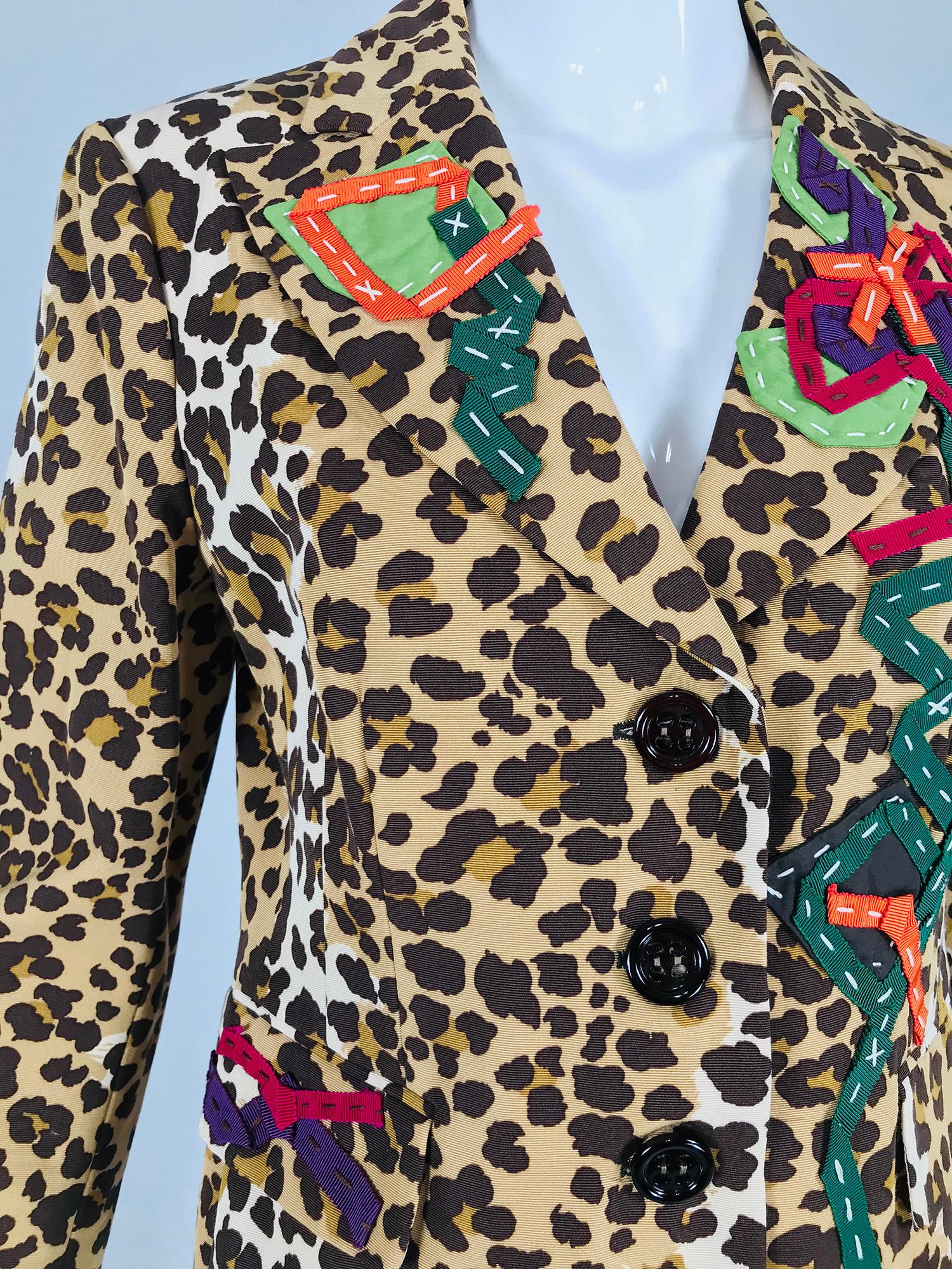 Vintage Moschino Leopard Print Faille Ribbon Applique Jacket 1990s 4