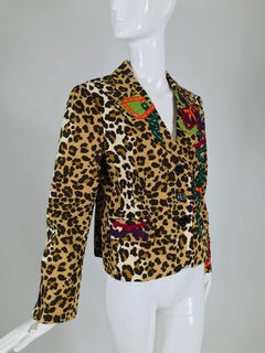 Vintage Moschino Leopard Print Faille Ribbon Applique Jacket 1990s