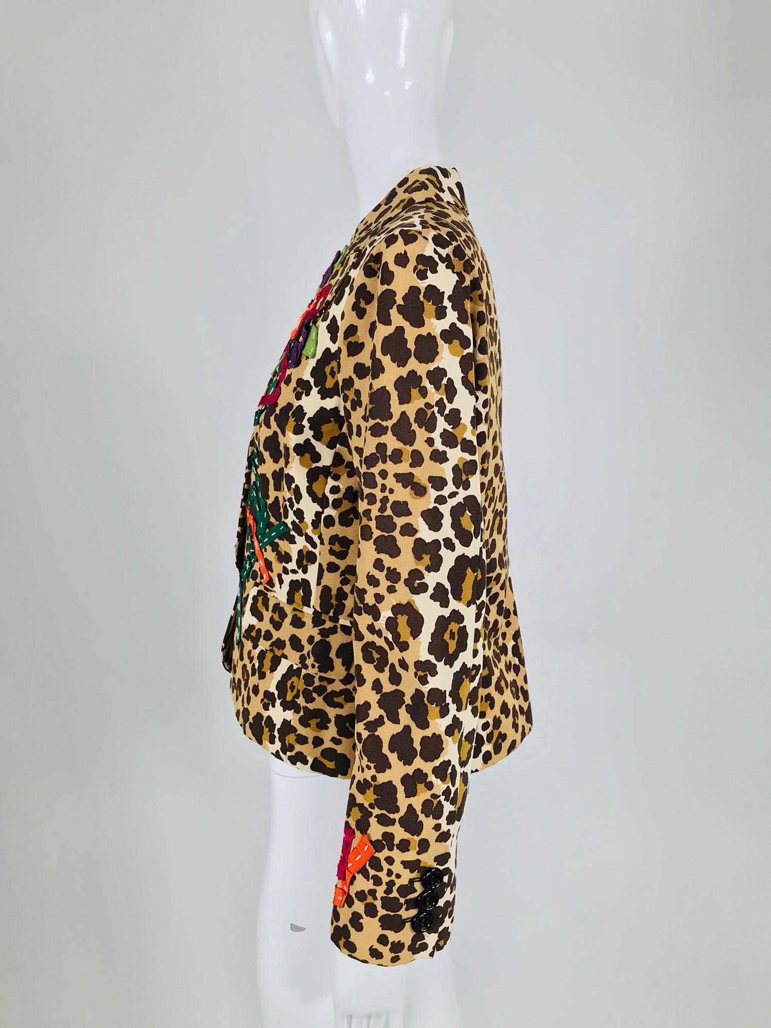 Vintage Moschino Leopard Print Faille Ribbon Applique Jacket 1990s 1