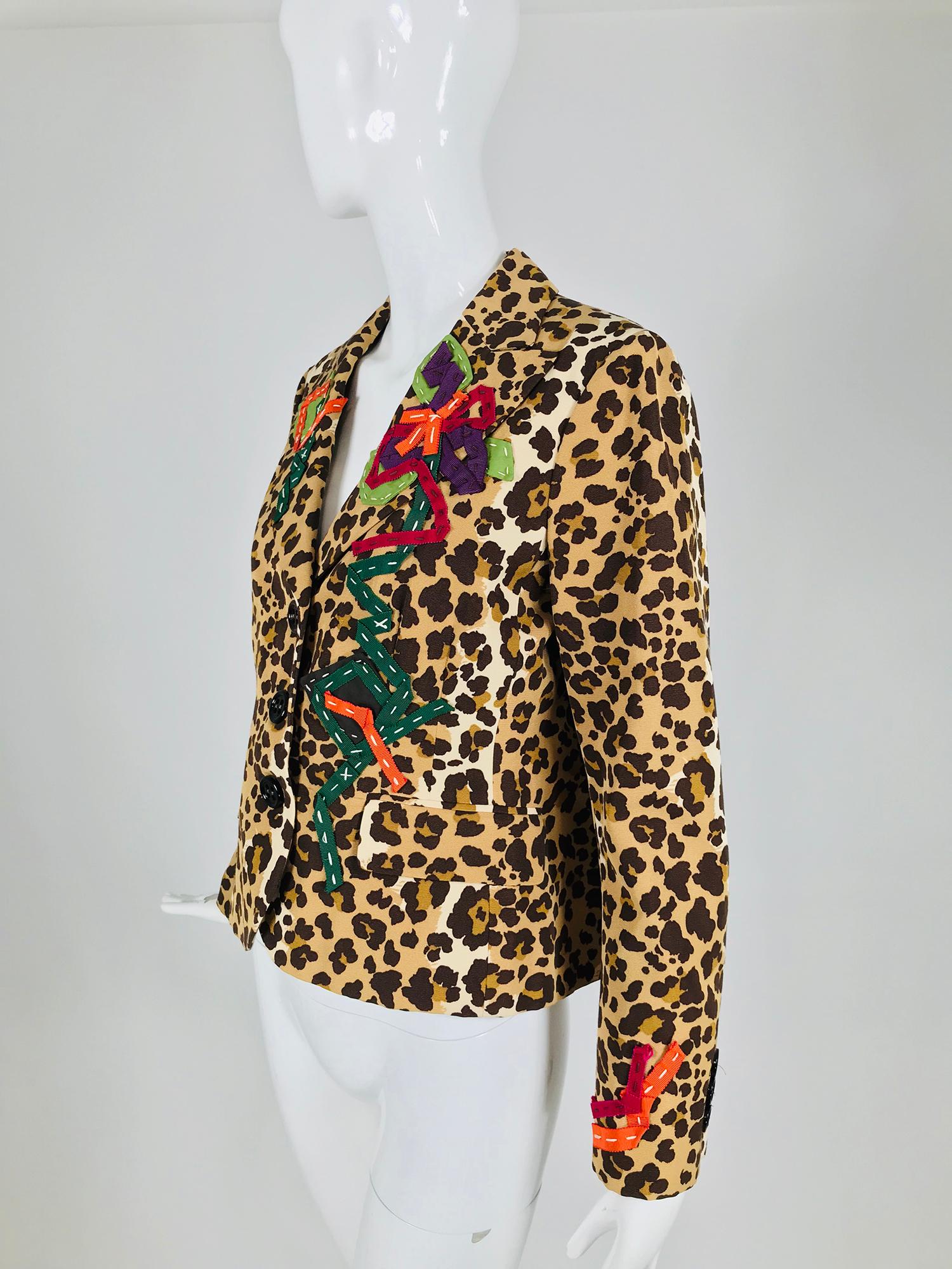 Vintage Moschino Leopard Print Faille Ribbon Applique Jacket 1990s 2