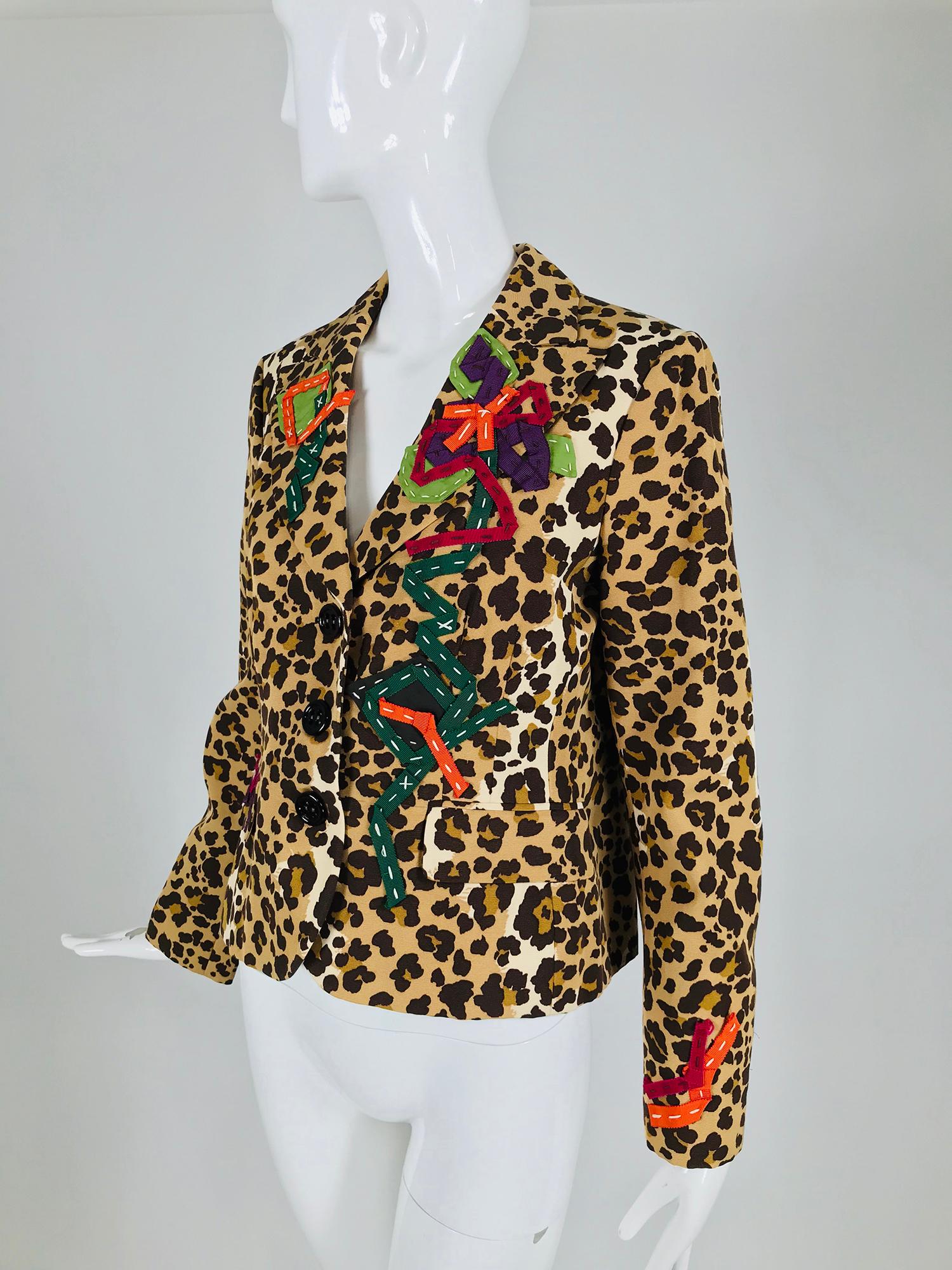 Vintage Moschino Leopard Print Faille Ribbon Applique Jacket 1990s 3