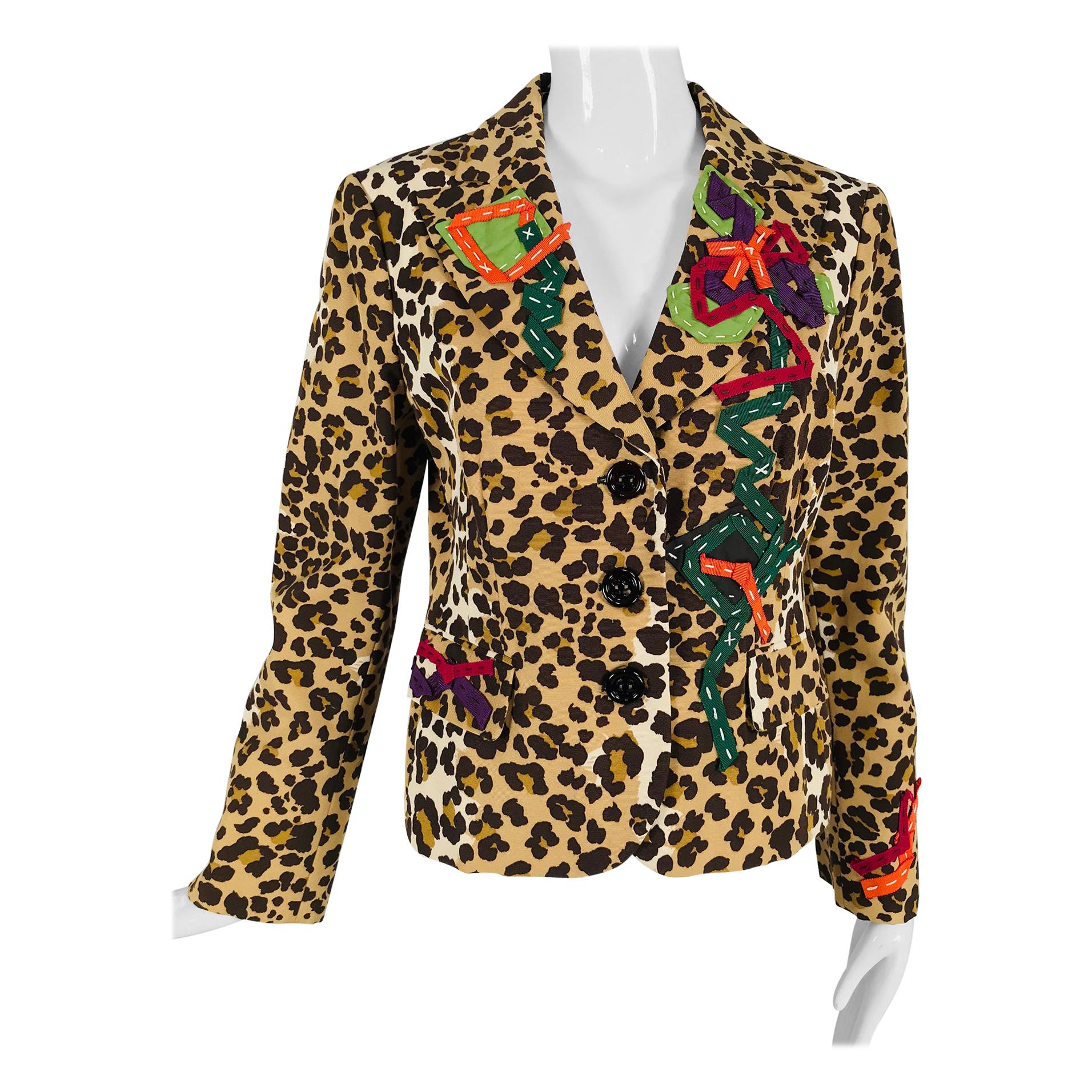 Vintage Moschino Leopard Print Faille Ribbon Applique Jacket 1990s