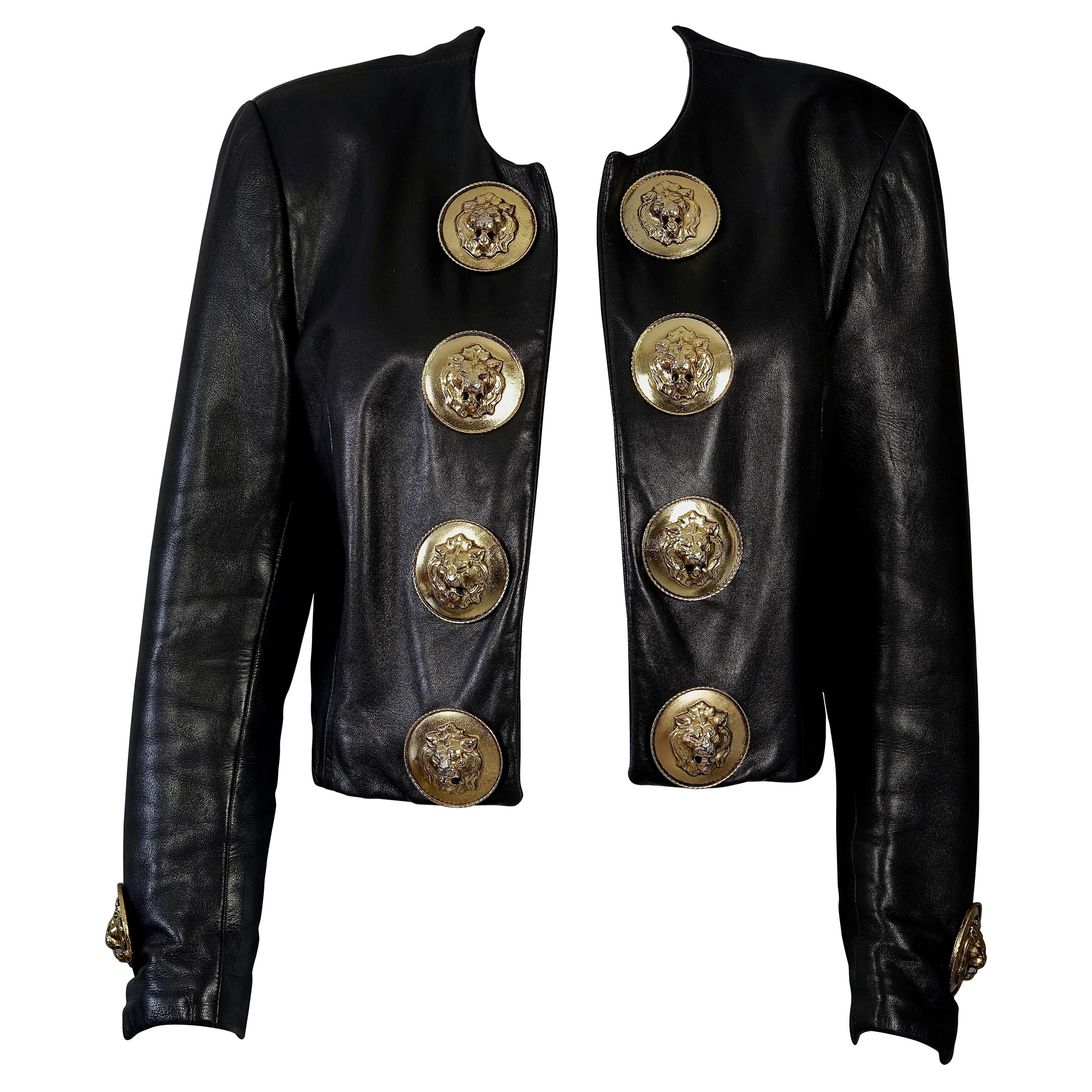 Vintage MOSCHINO Lion Head Door Knocker Leather Jacket For Sale
