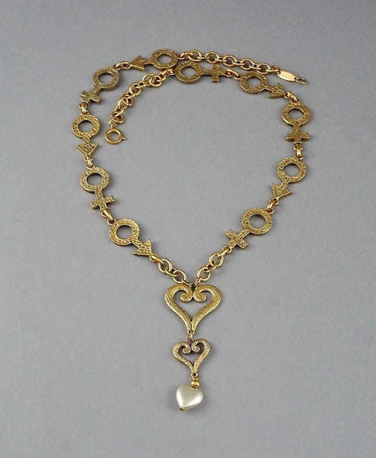 Vintage Moschino Mars And Venus Male And Female Symbol Heart Pearl Necklace For Sale At 1stdibs