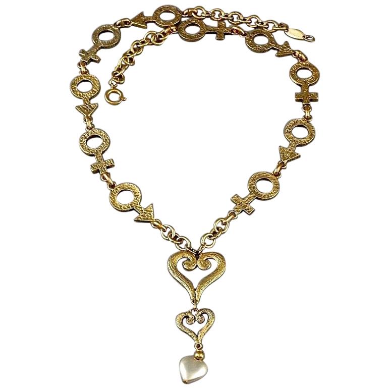 Vintage MOSCHINO "MARS and VENUS" Male and Female Symbol Heart Pearl Necklace