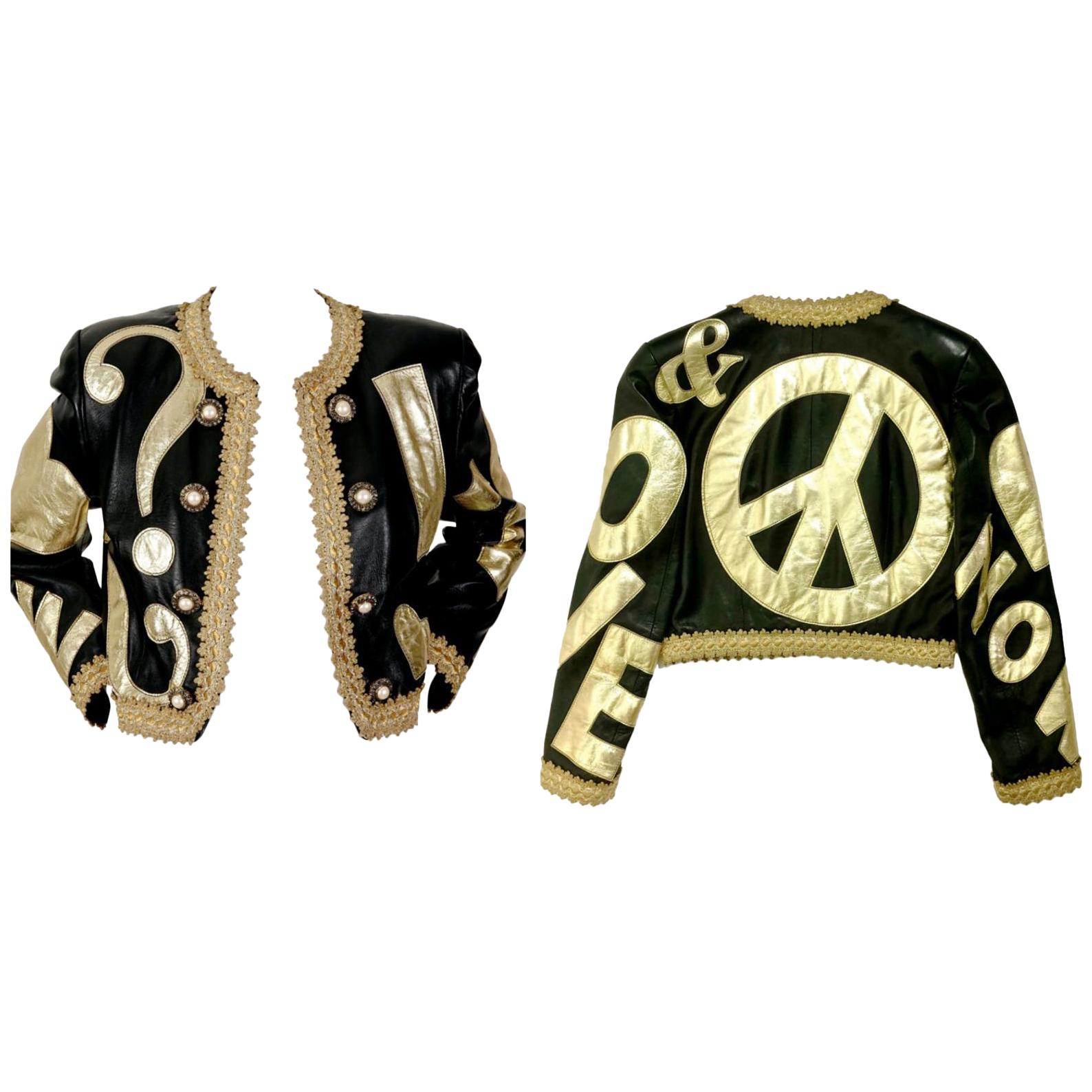 Vintage MOSCHINO PEACE and LOVE Passementerie Metallic Trim Black Gold Leather J