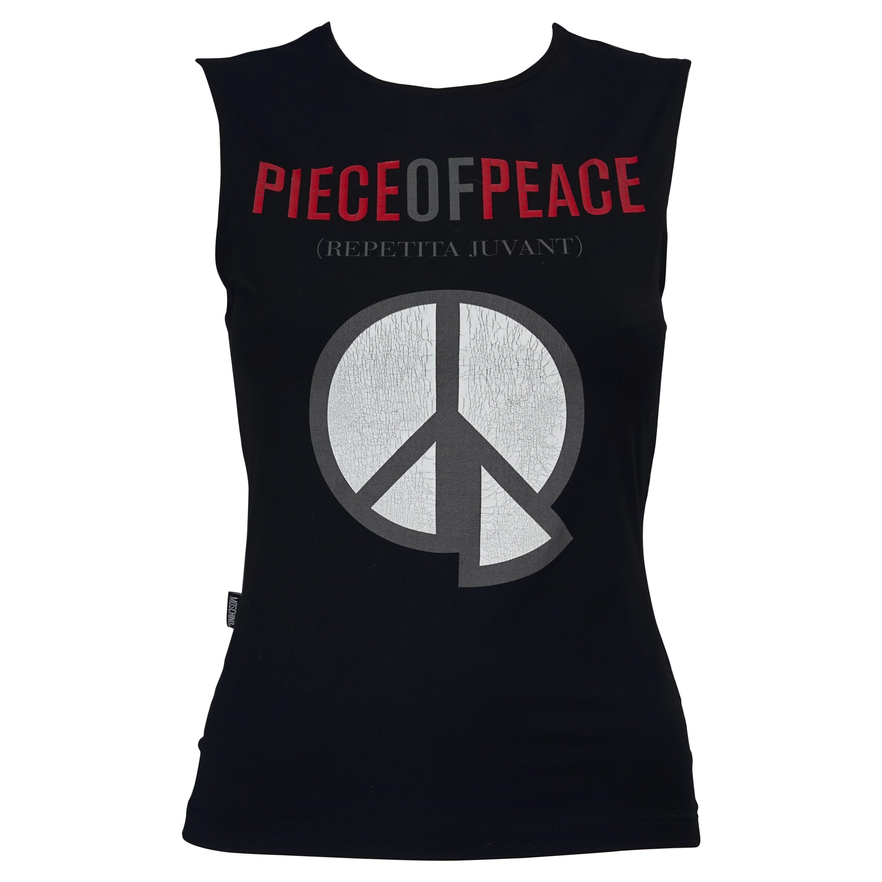 Vintage MOSCHINO "PIECE of PEACE" Repetita Juvant Slogan T Shirt For Sale