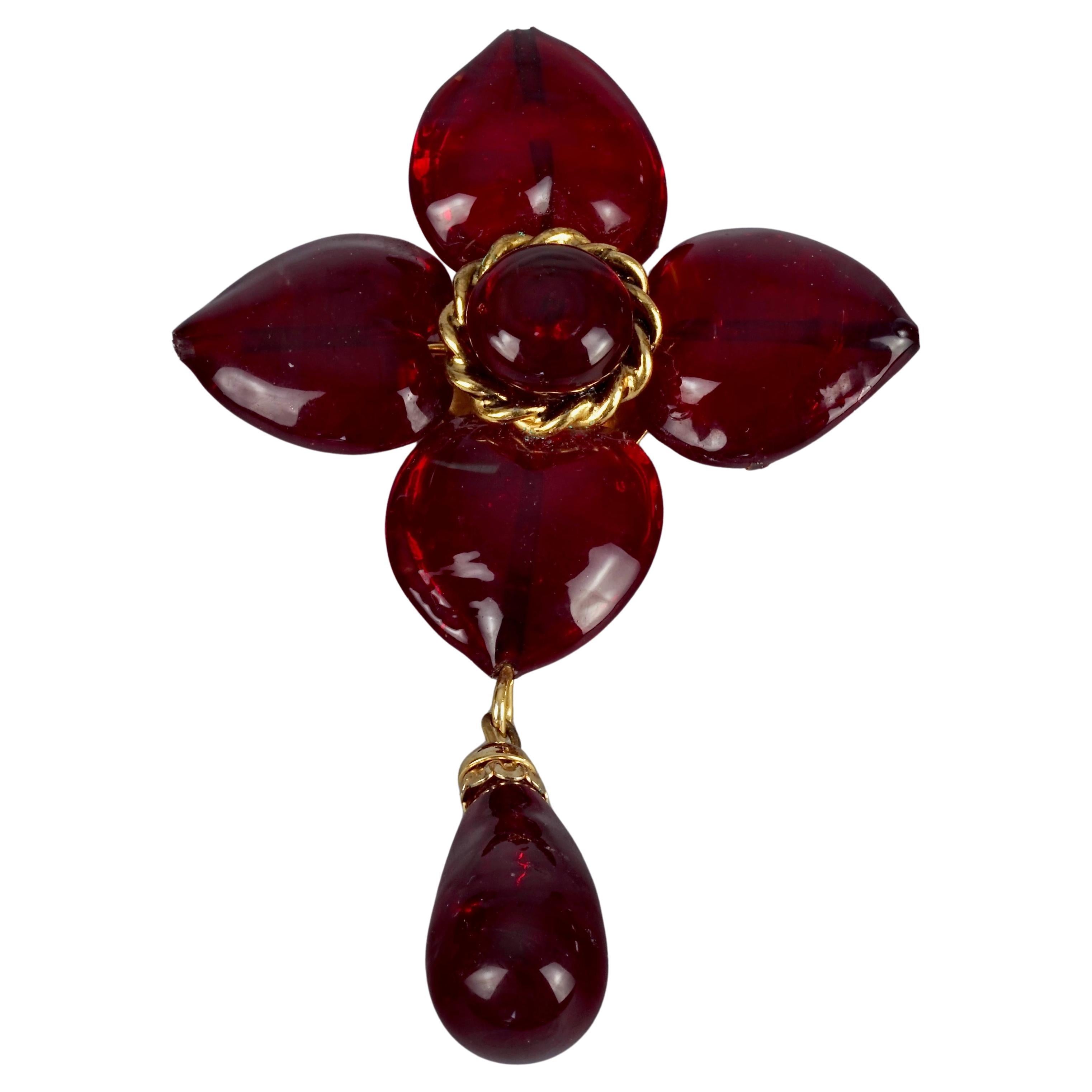 Vintage MOSCHINO Red Heart Flower Novelty Drop Brooch For Sale