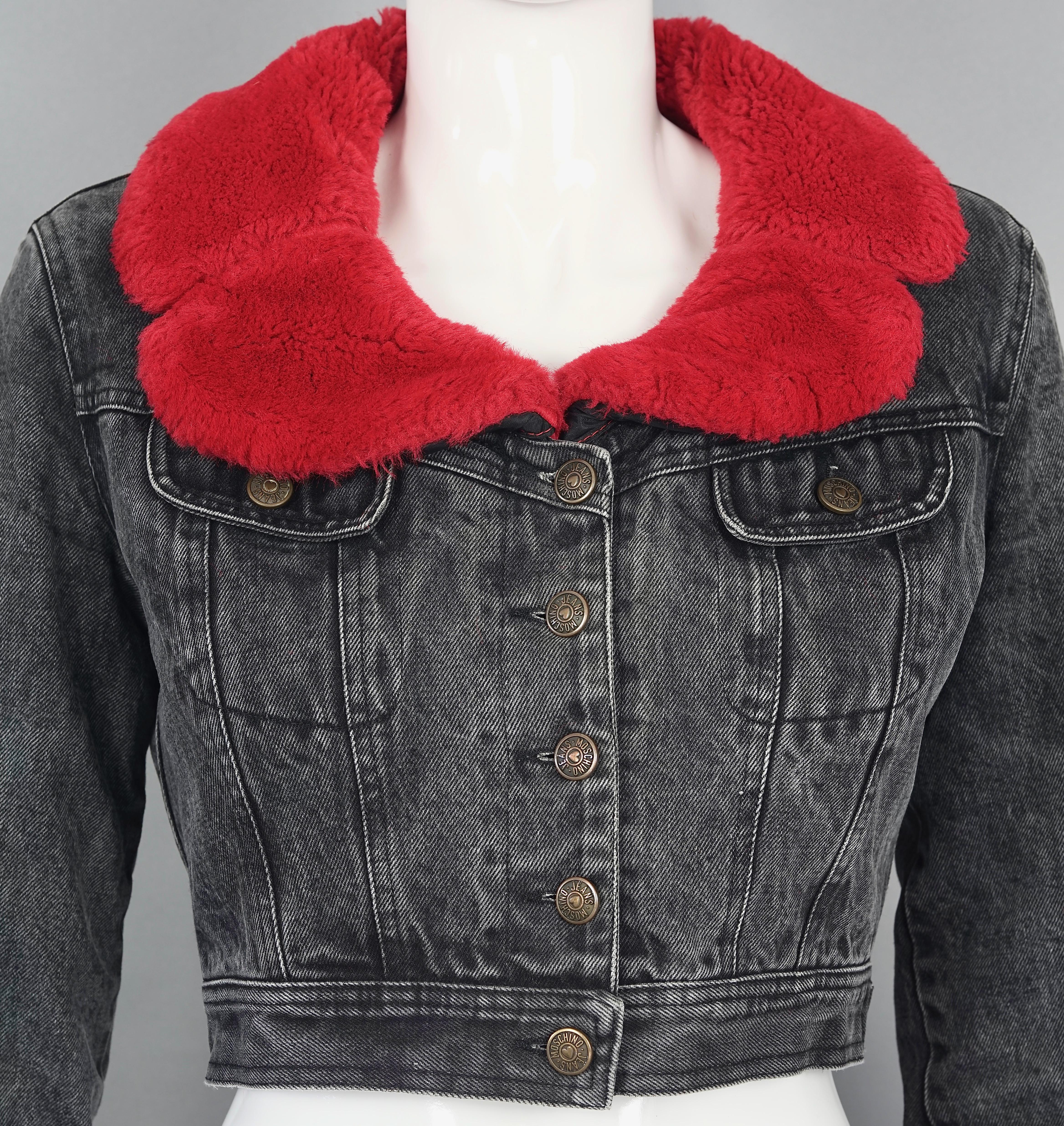 Black Vintage MOSCHINO Removable Red Faux Fur Denim Cropped Jacket