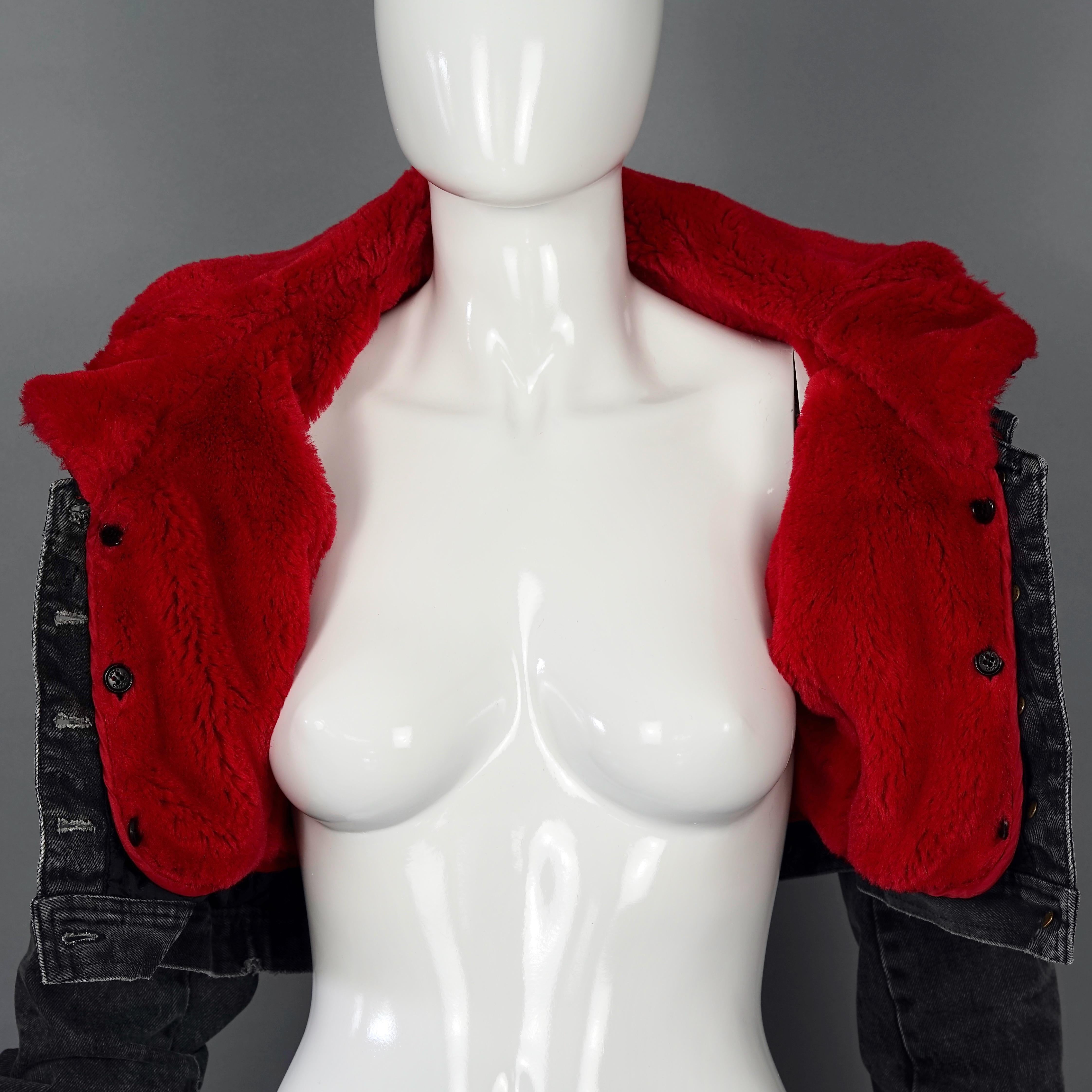 Women's Vintage MOSCHINO Removable Red Faux Fur Denim Cropped Jacket