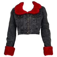 Vintage MOSCHINO Removable Red Faux Fur Denim Cropped Jacket