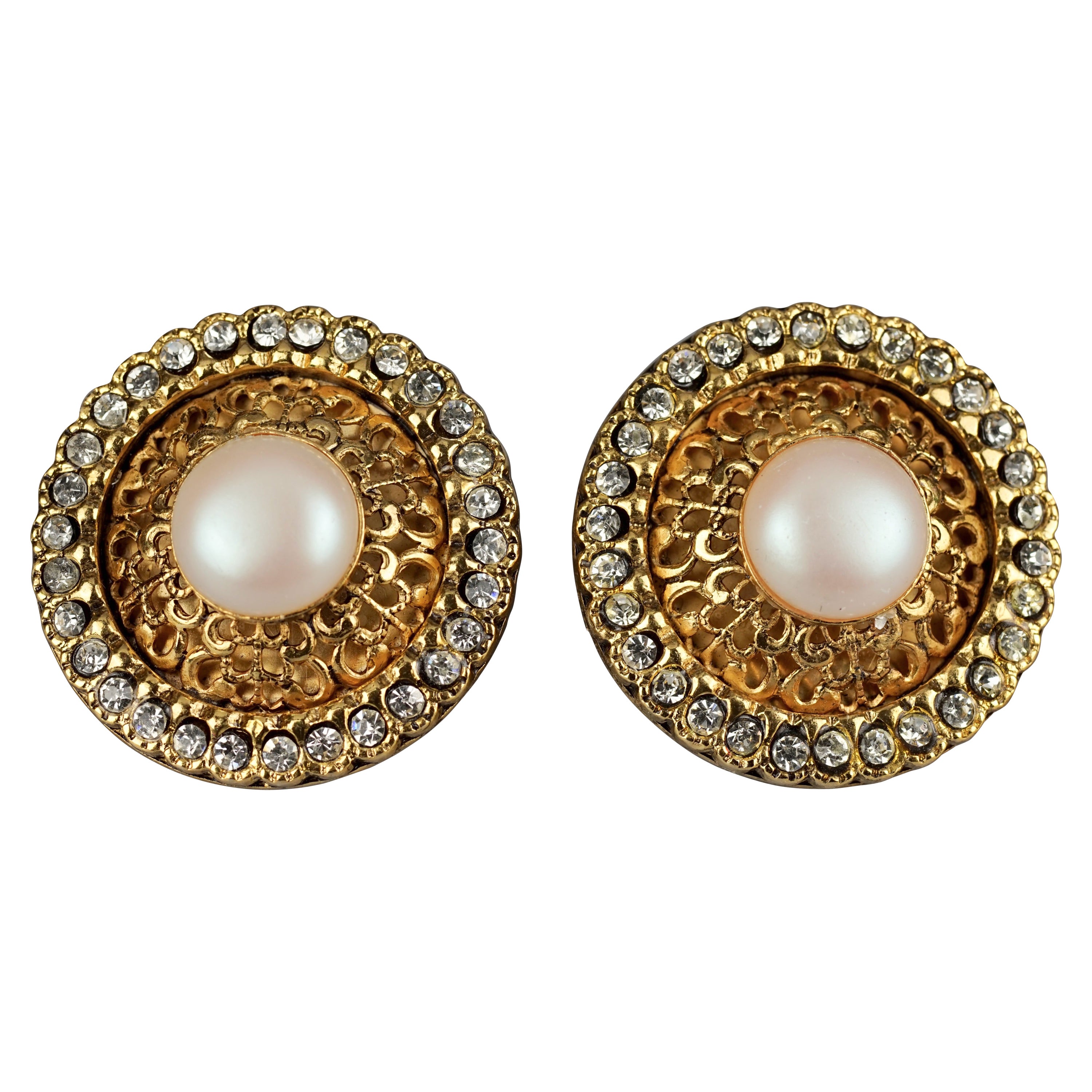 Vintage MOSCHINO Rhinestone Pearl Disc Earrings For Sale
