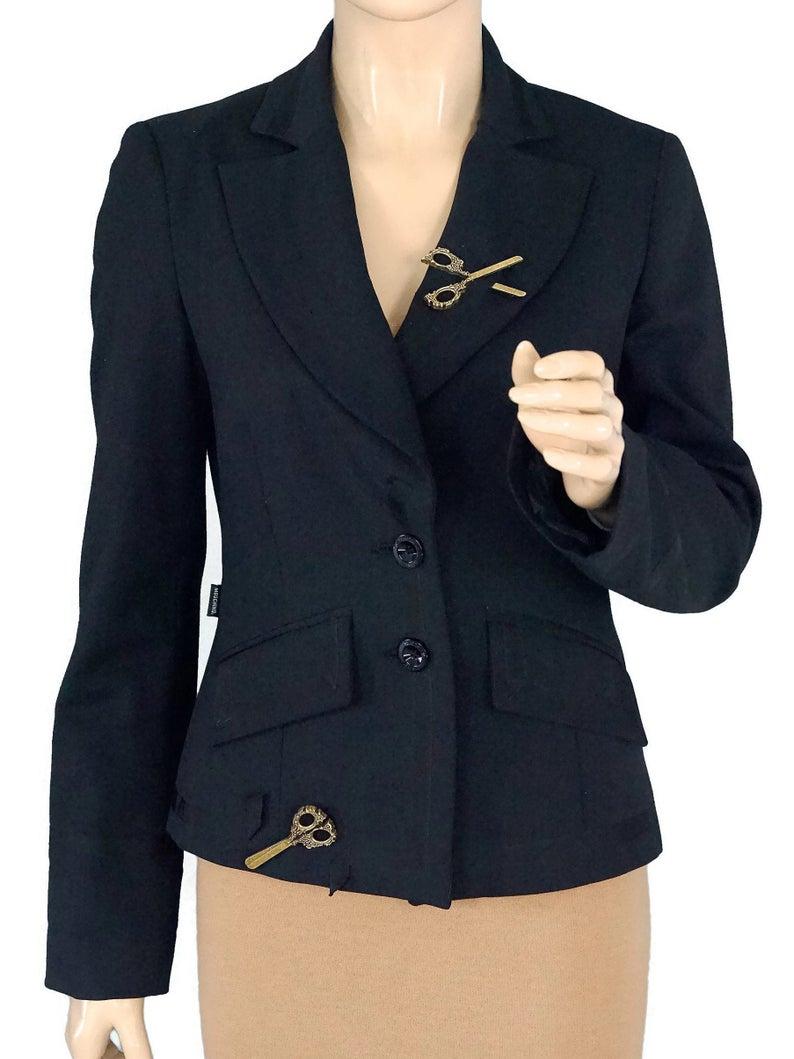 Vintage MOSCHINO Scissor Novelty Blazer Jacket

Measurements taken laid flat, please double bust and waist:
Shoulder: 15.35 inches (39 cm)
Sleeves: 24.21 inches (61.5 cm)
Bust: 17.51 inches (44.5 cm)
Waist: 15.35 inches (39 cm)
Length: 22.44 inches