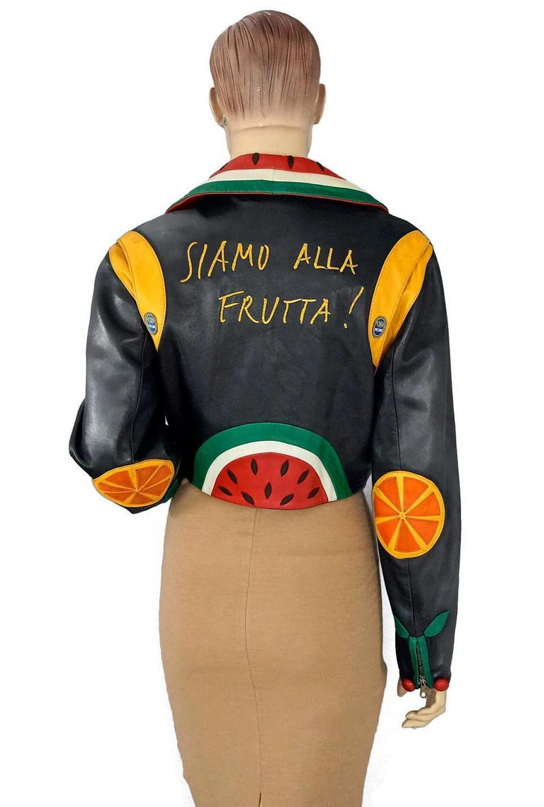 Vintage MOSCHINO "Siamo Alla Frutta" Fruit Novelty Leather Cropped Biker Jacket at 1stDibs