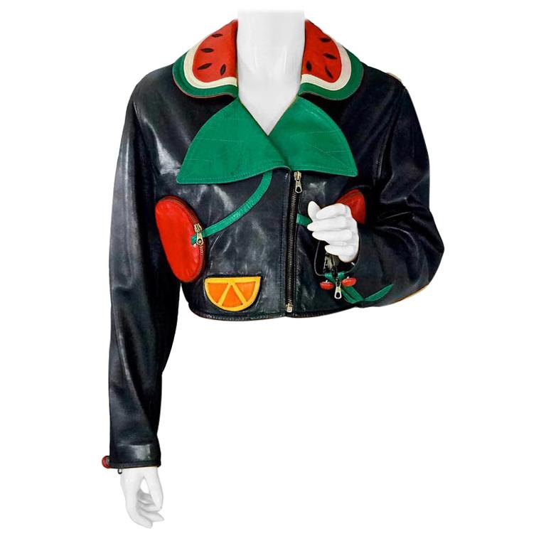 Vintage MOSCHINO "Siamo Alla Frutta" Fruit Novelty Leather Cropped Biker Jacket