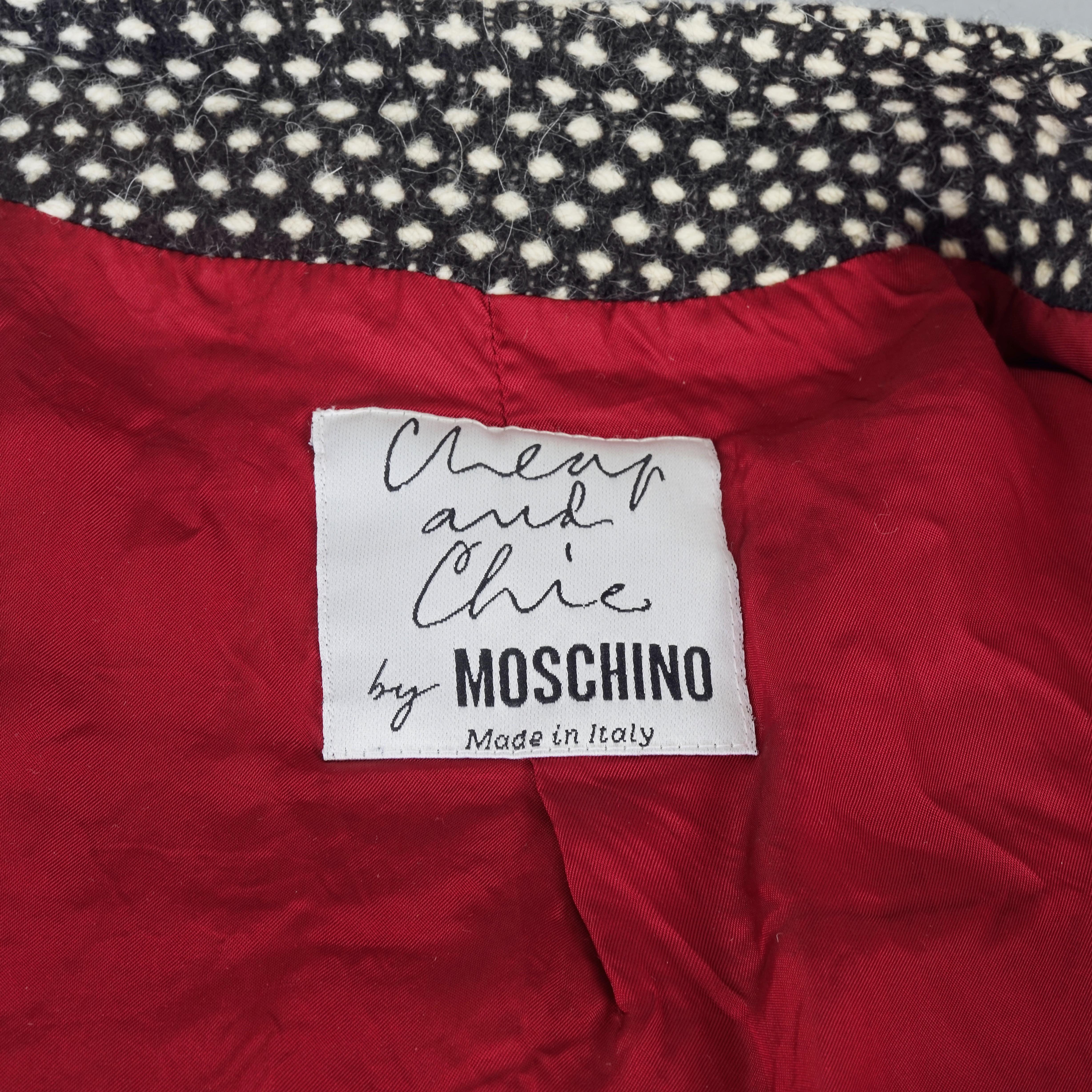 Vintage MOSCHINO Thimble Button Black White Woven Alpaca Blend Cropped Jacket For Sale 6