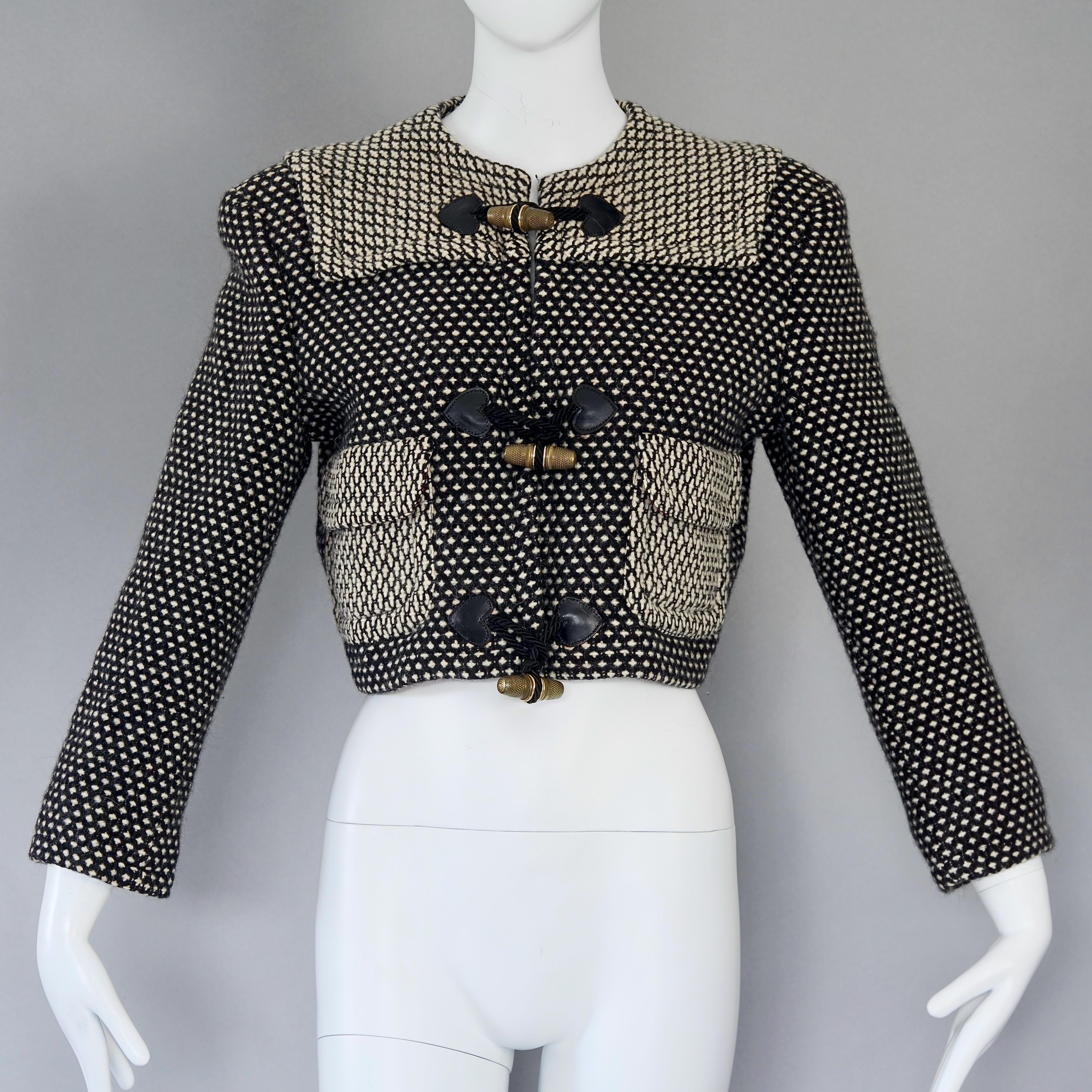 Vintage MOSCHINO Thimble Button Black White Woven Alpaca Blend Cropped Jacket

Measurements taken laid flat, please double bust and waist:
Shoulder: 18.11 inches (46 cm)
Sleeves: 20.47 Inches (52 cm)
Bust: 20.07 inches (51 cm)
Waist: 16.92 inches