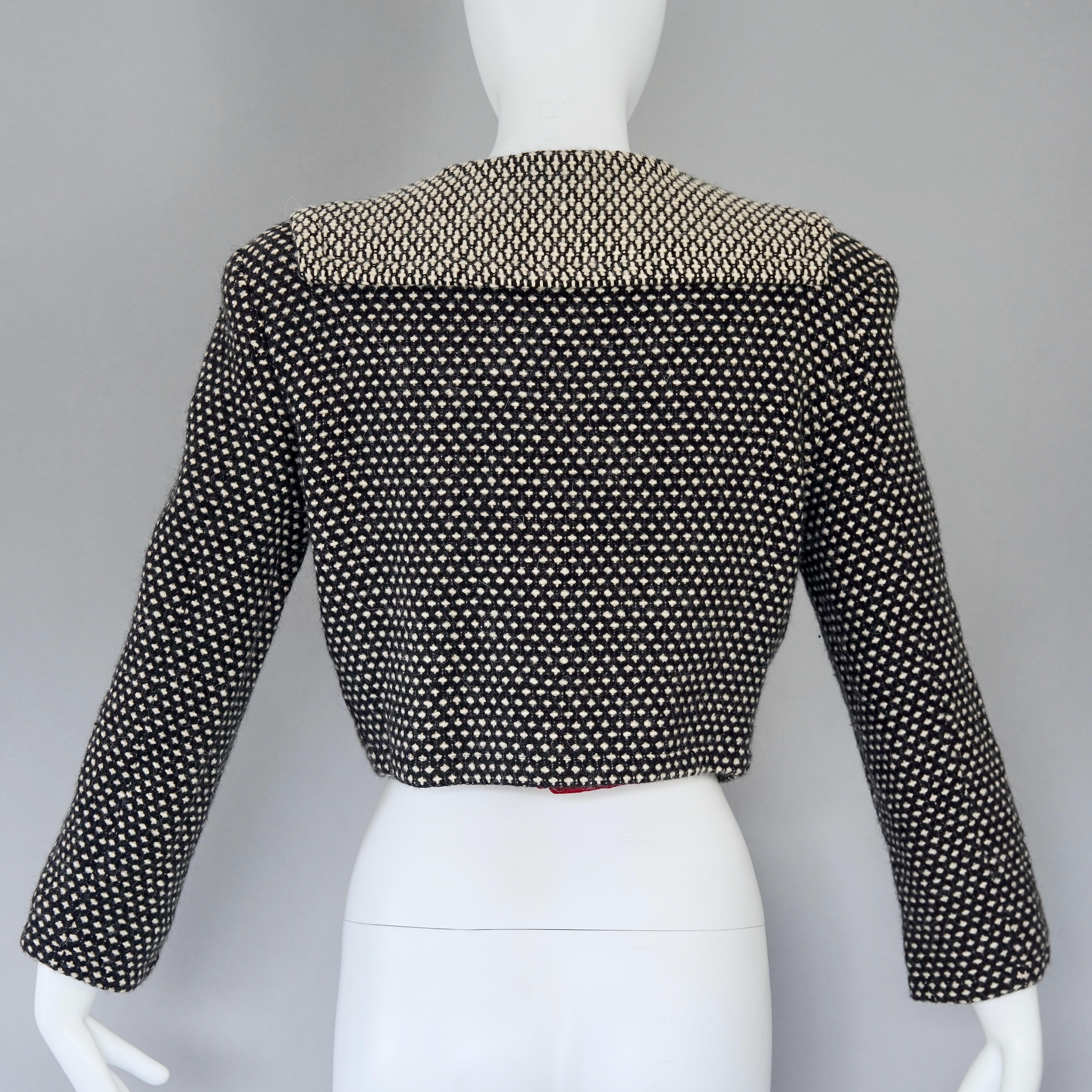 Vintage MOSCHINO Thimble Button Black White Woven Alpaca Blend Cropped Jacket For Sale 1