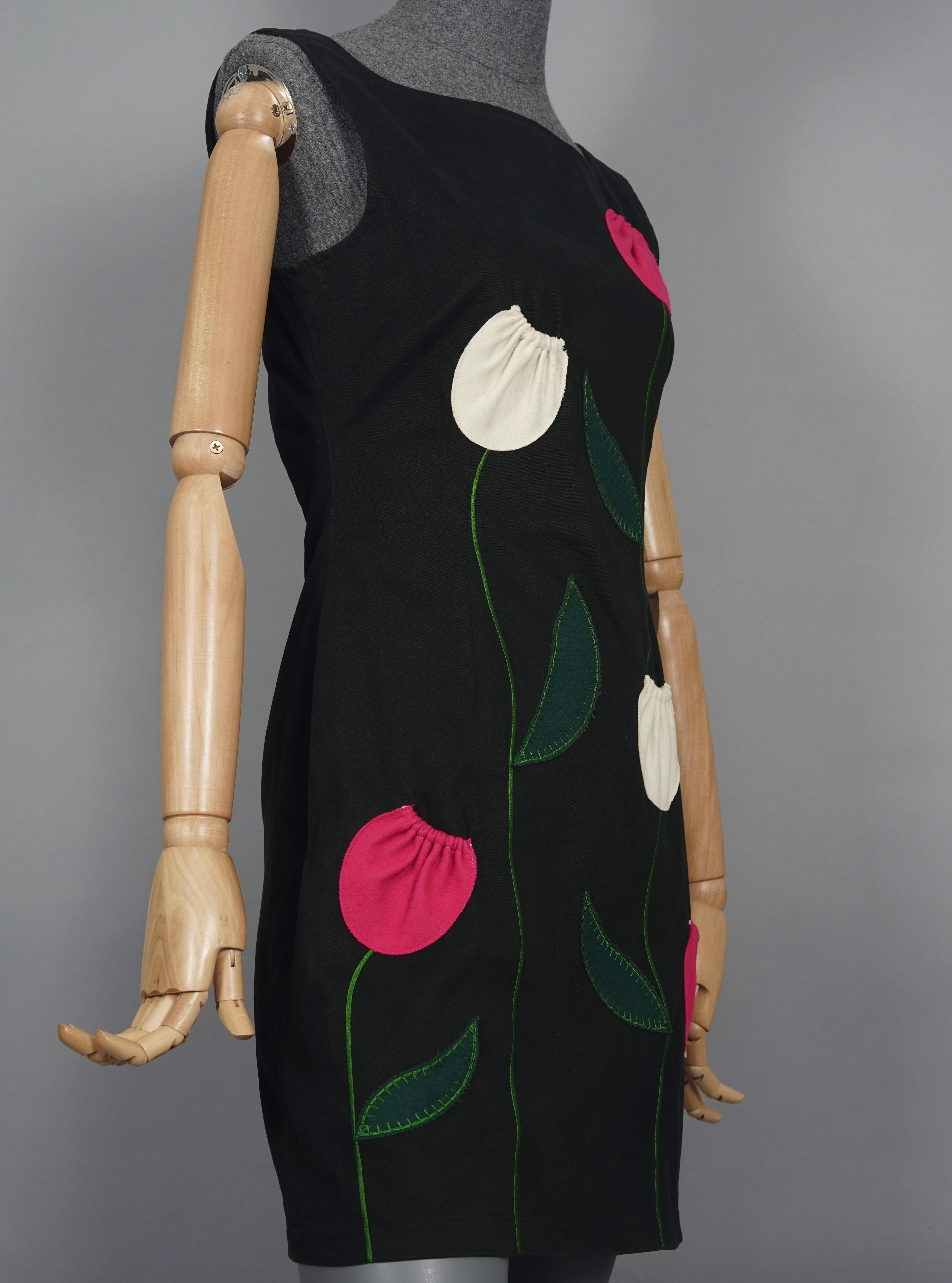 Black Vintage MOSCHINO Tulip Flower Pockets Novelty Dress For Sale
