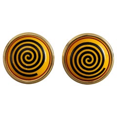 Vintage MOSCHINO Yellow Spiral Dizzy Disc Novelty Earrings