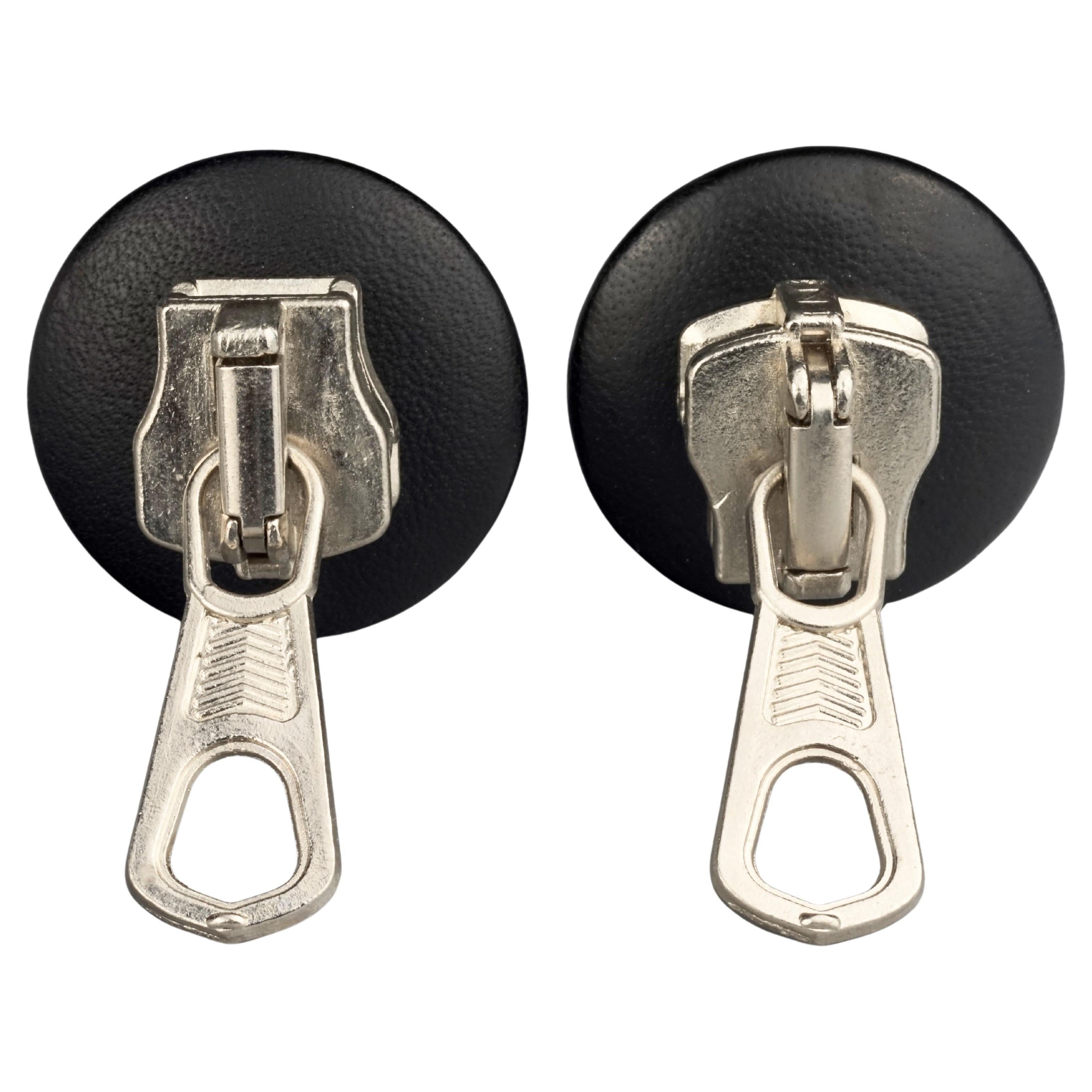 Vintage MOSCHINO Zipper Leather Disc Novelty Earrings For Sale