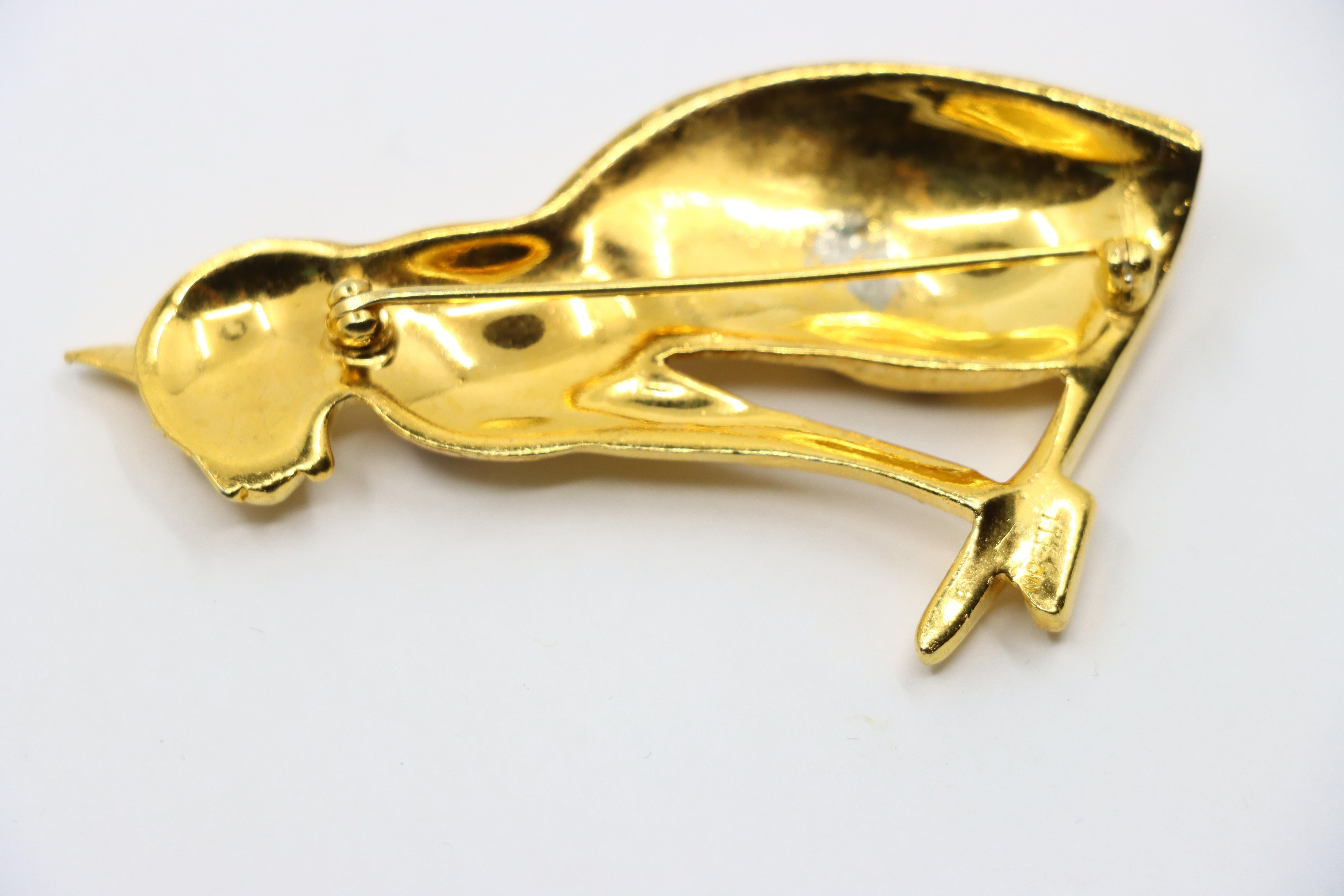 Vintage MOSELL Gold Tone Purple Rhinestone Cat Pendant For Sale 2