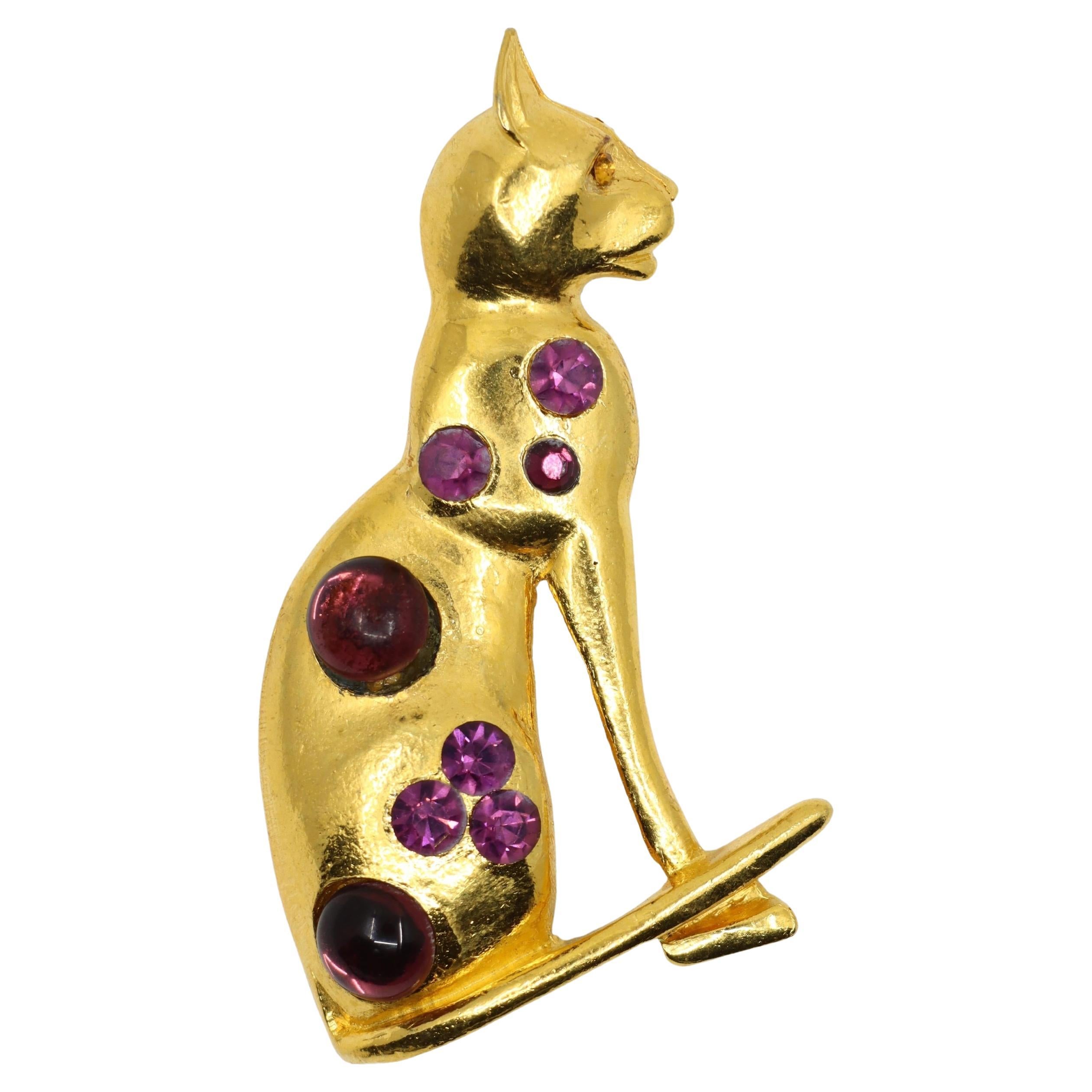 Vintage MOSELL Gold Tone Purple Rhinestone Cat Pendant For Sale