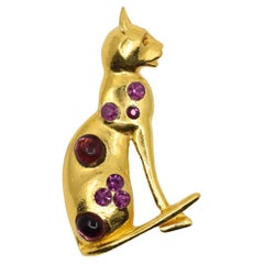 Vintage MOSELL Gold Tone Purple Rhinestone Cat Pendant