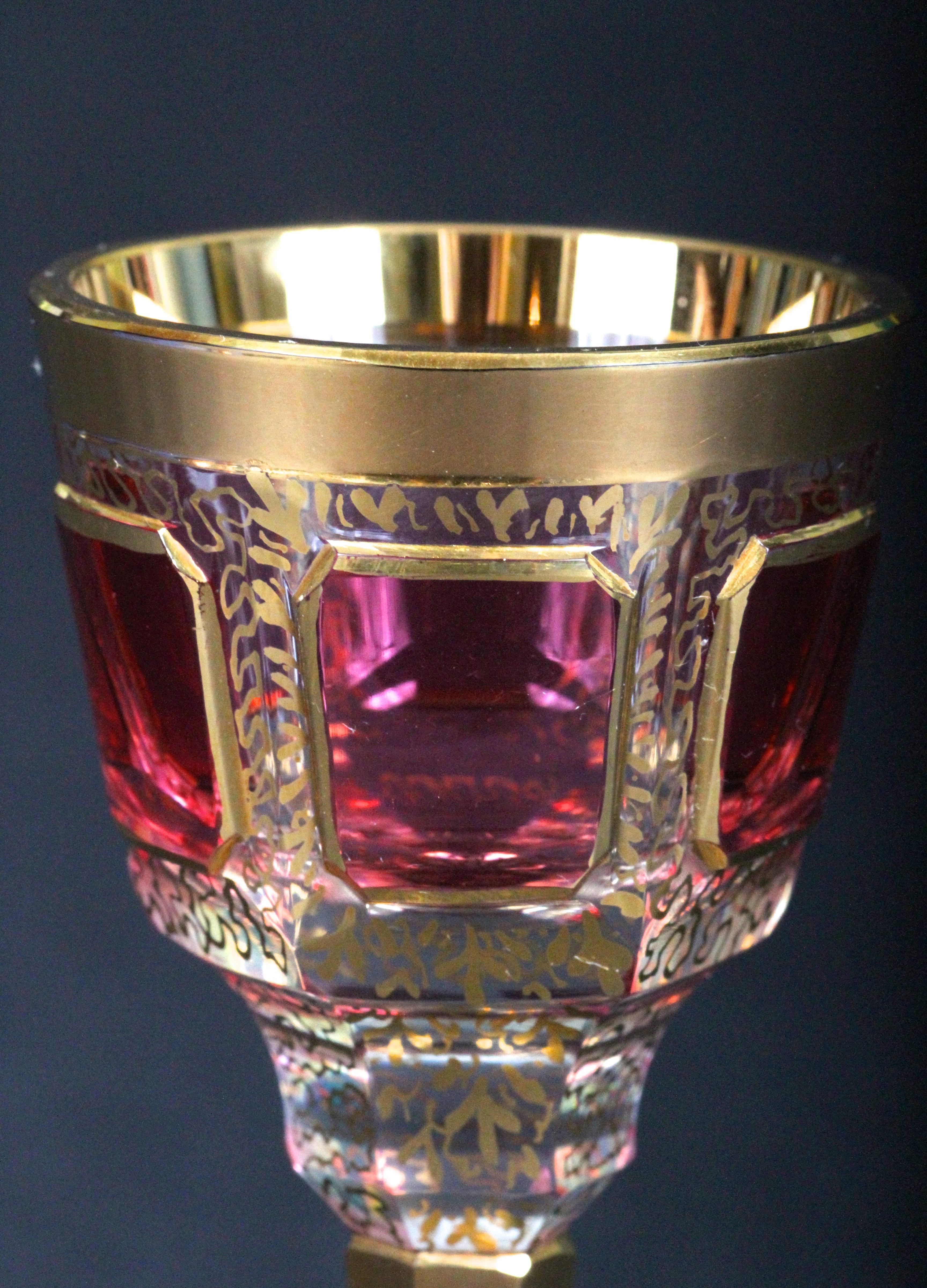 Glass Vintage Moser Cranberry Cabochon and Gold Cordial Set For Sale