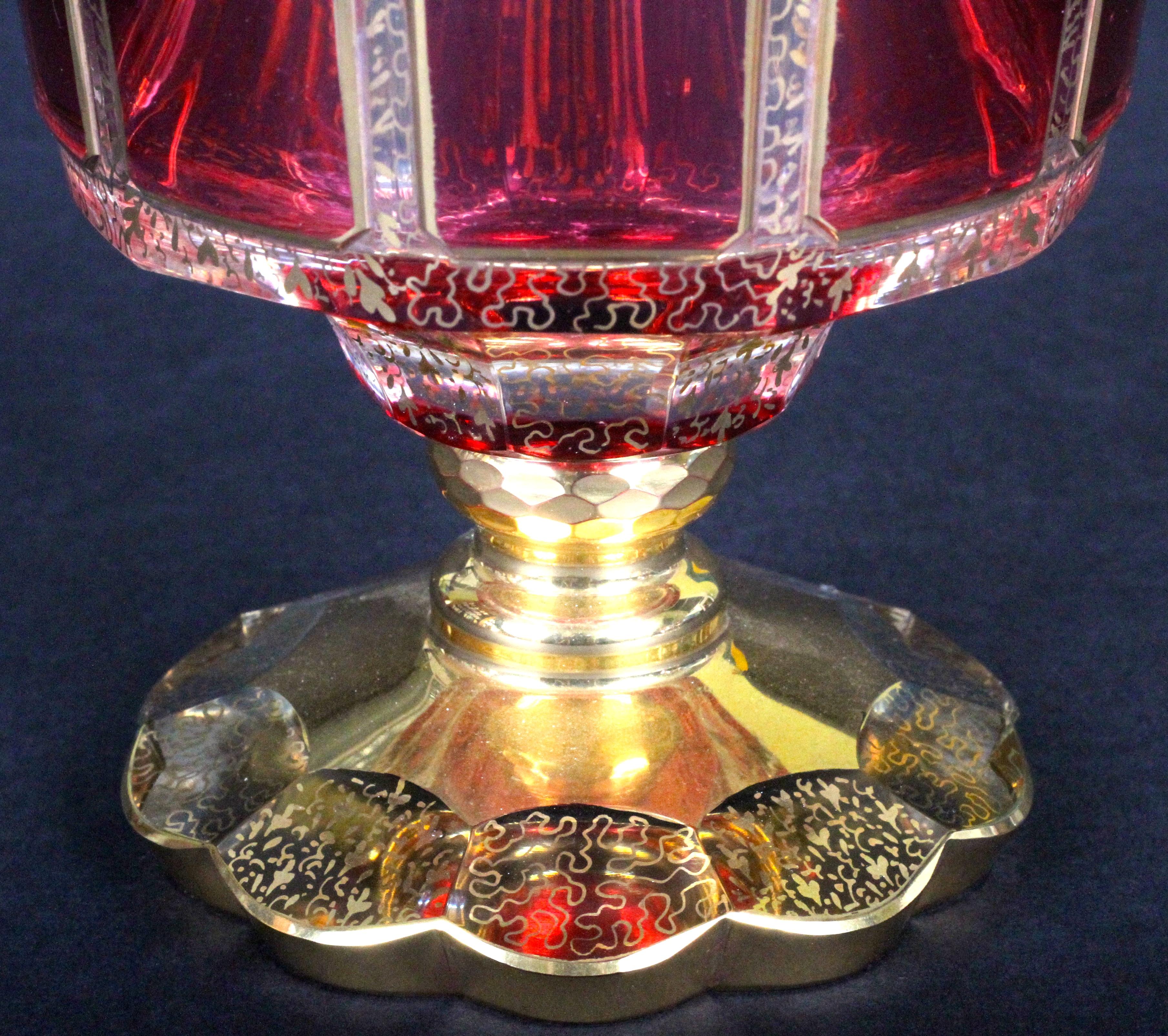 Czech Vintage Moser Cranberry Cabochon and Gold Cordial Set For Sale