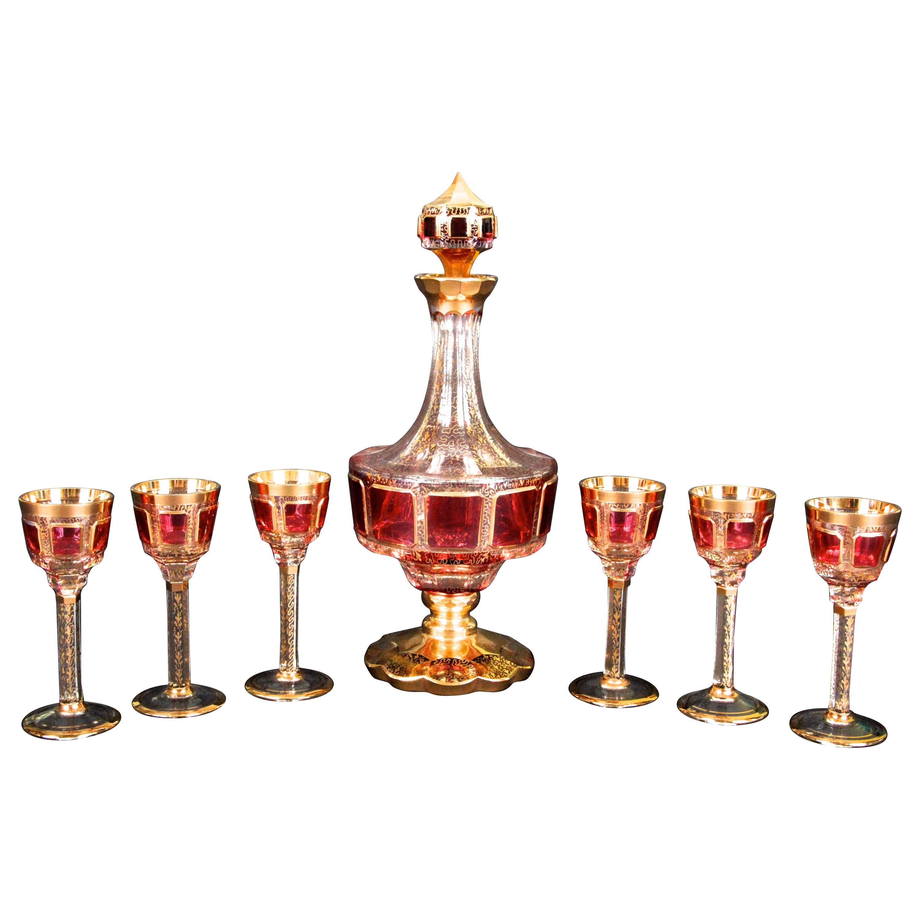 Vintage Moser Cranberry Cabochon and Gold Cordial Set For Sale