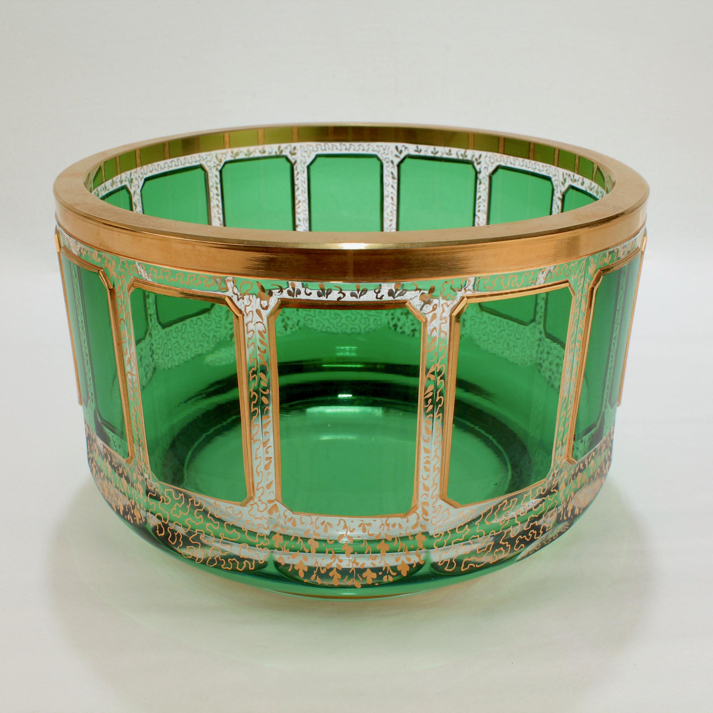 Czech Vintage Moser Gilt Glass Bowl with Green Cabochons  For Sale