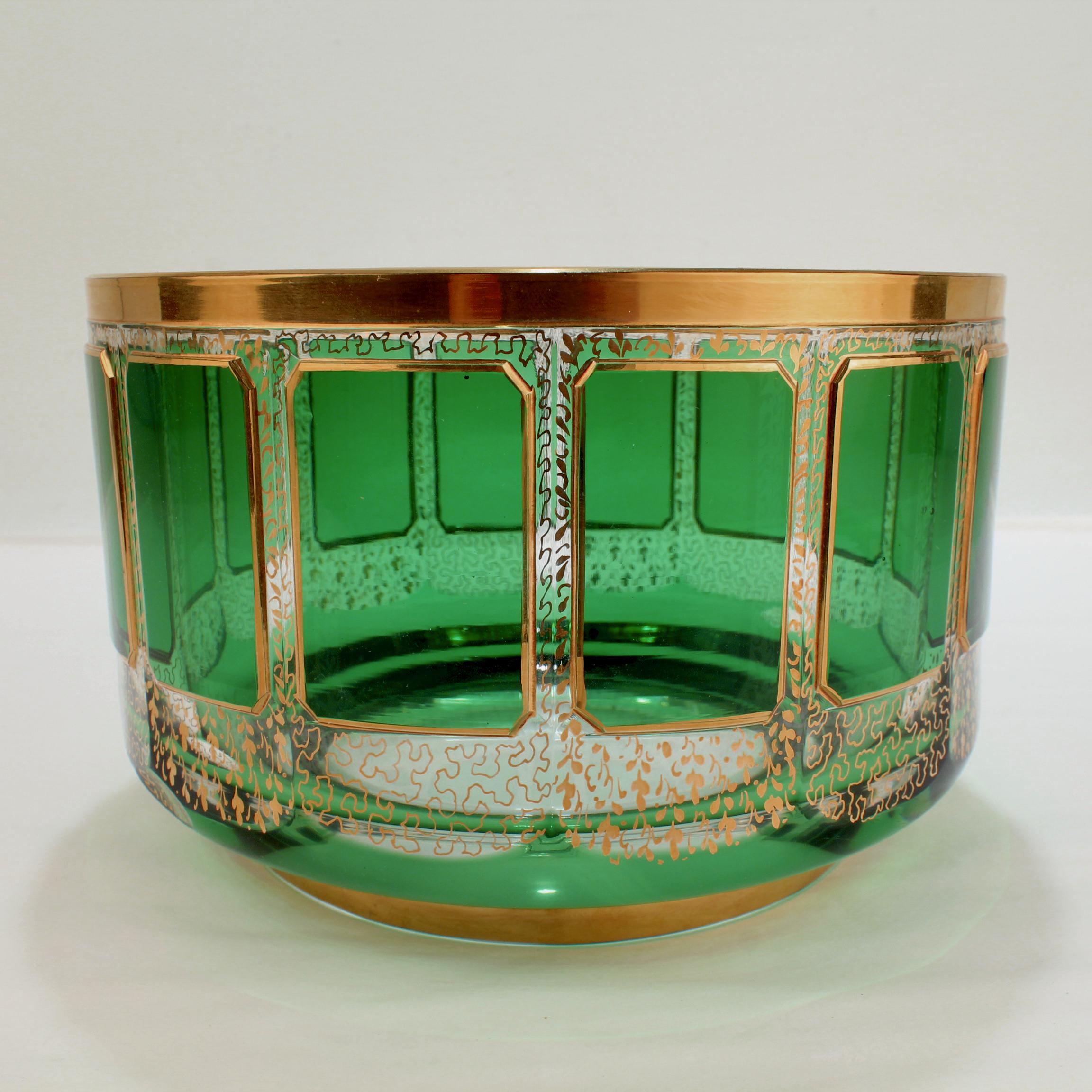 Vintage Moser Gilt Glass Bowl with Green Cabochons  In Good Condition For Sale In Philadelphia, PA