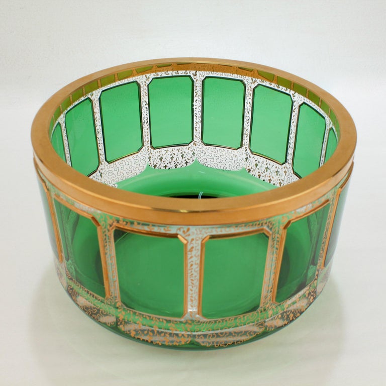 Vintage Moser Gilt Glass Bowl with Green Cabochons For Sale at 1stDibs