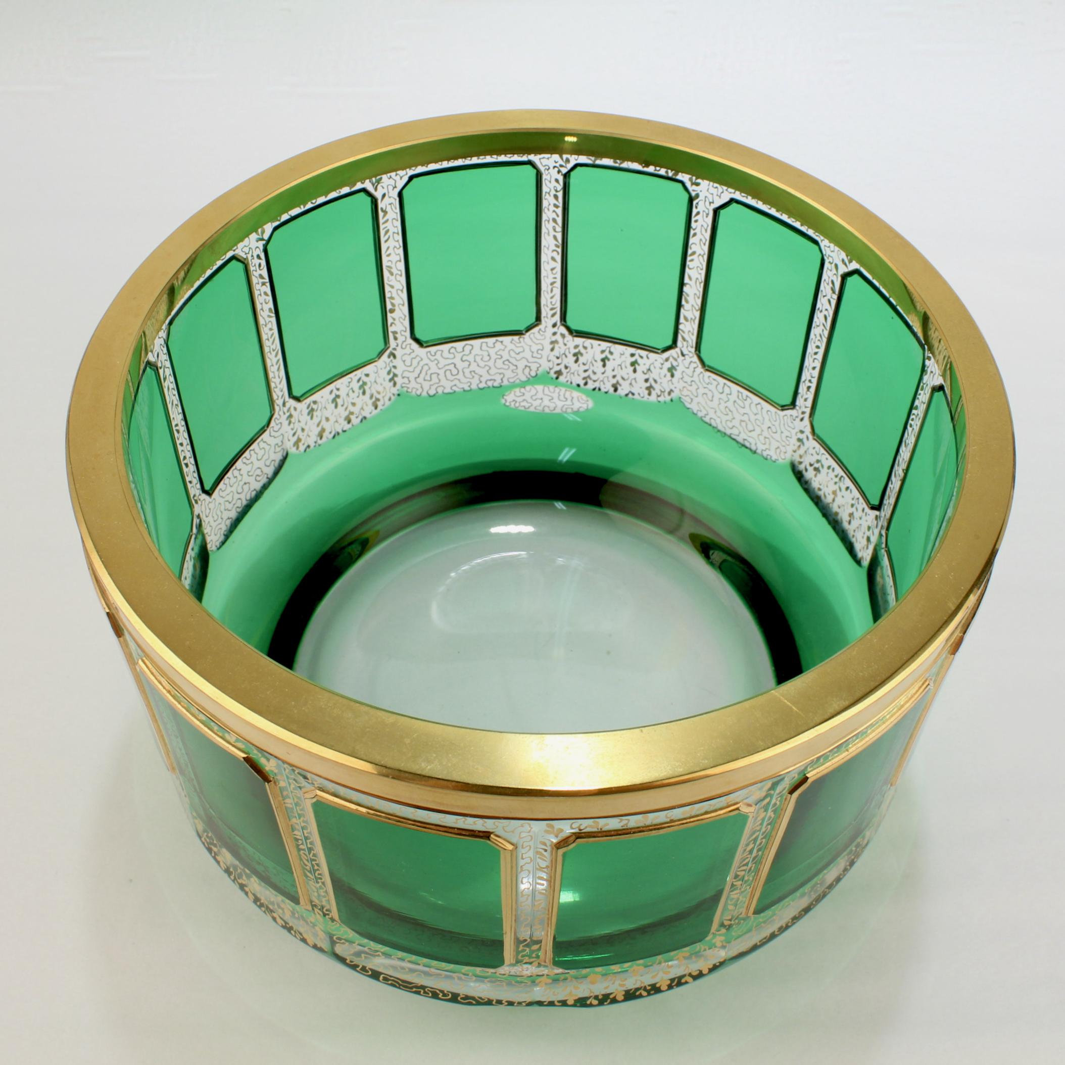 Vintage Moser Gilt Glass Bowl with Green Cabochons  For Sale 1