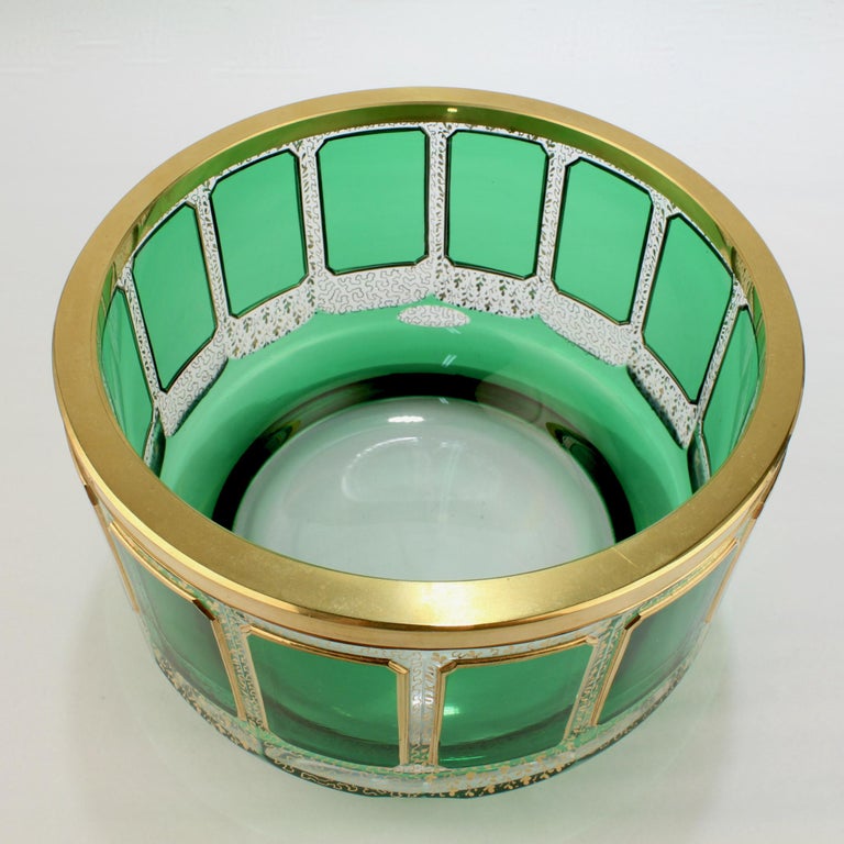 Vintage Moser Gilt Glass Bowl with Green Cabochons For Sale at 1stDibs