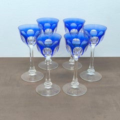 Vintage Moser “Lady Hamilton” White Wine Glasses, Blue Overlay, Papal Cut, 1930s