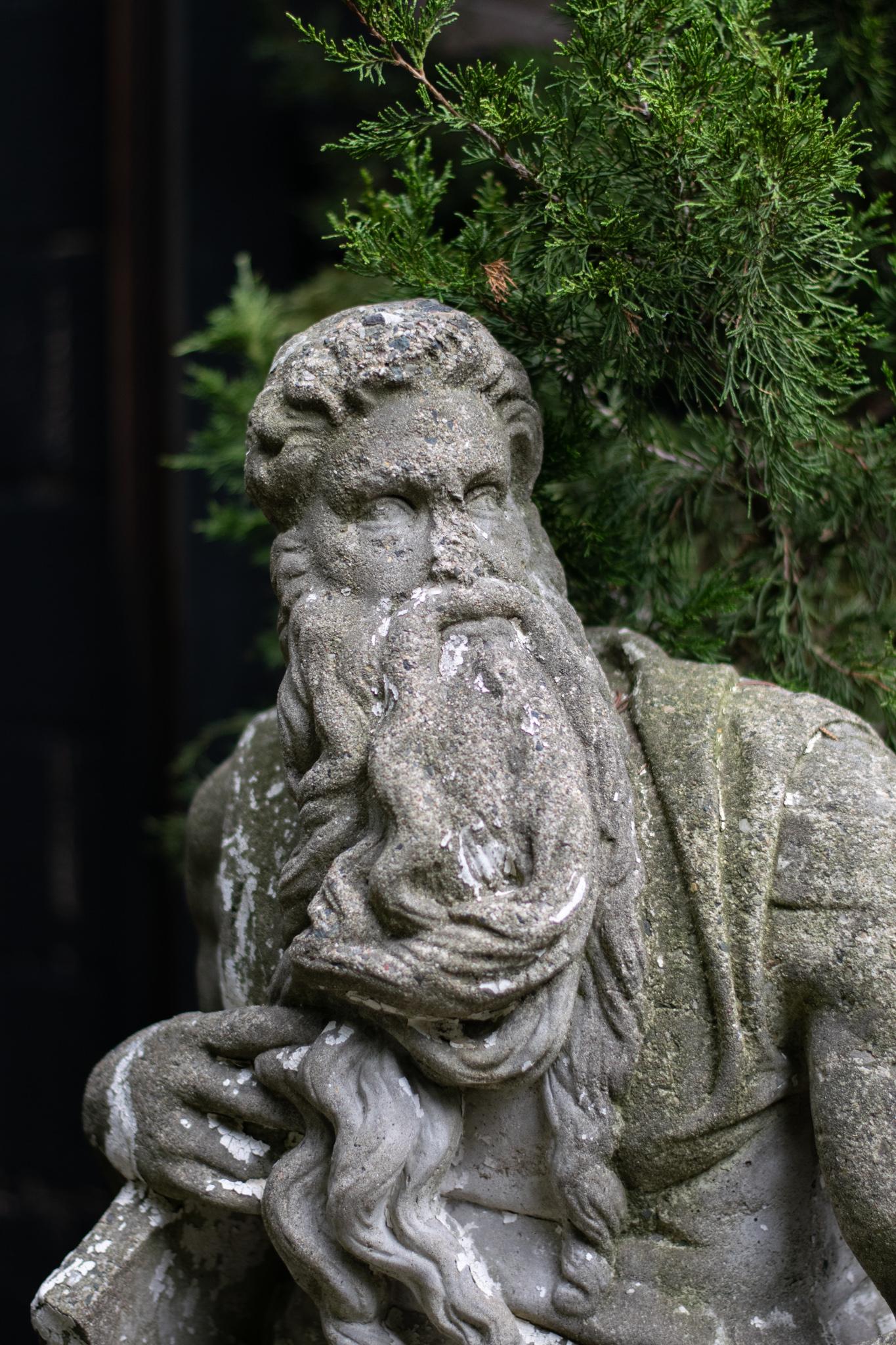 fleurdetroit offers for your consideration this wonderful garden statue of Moses. This likeness of the prophet Moses is an incredible neoclassical garden statue with a lichen encrusted patina. This stately interpretation has a masculine energy that